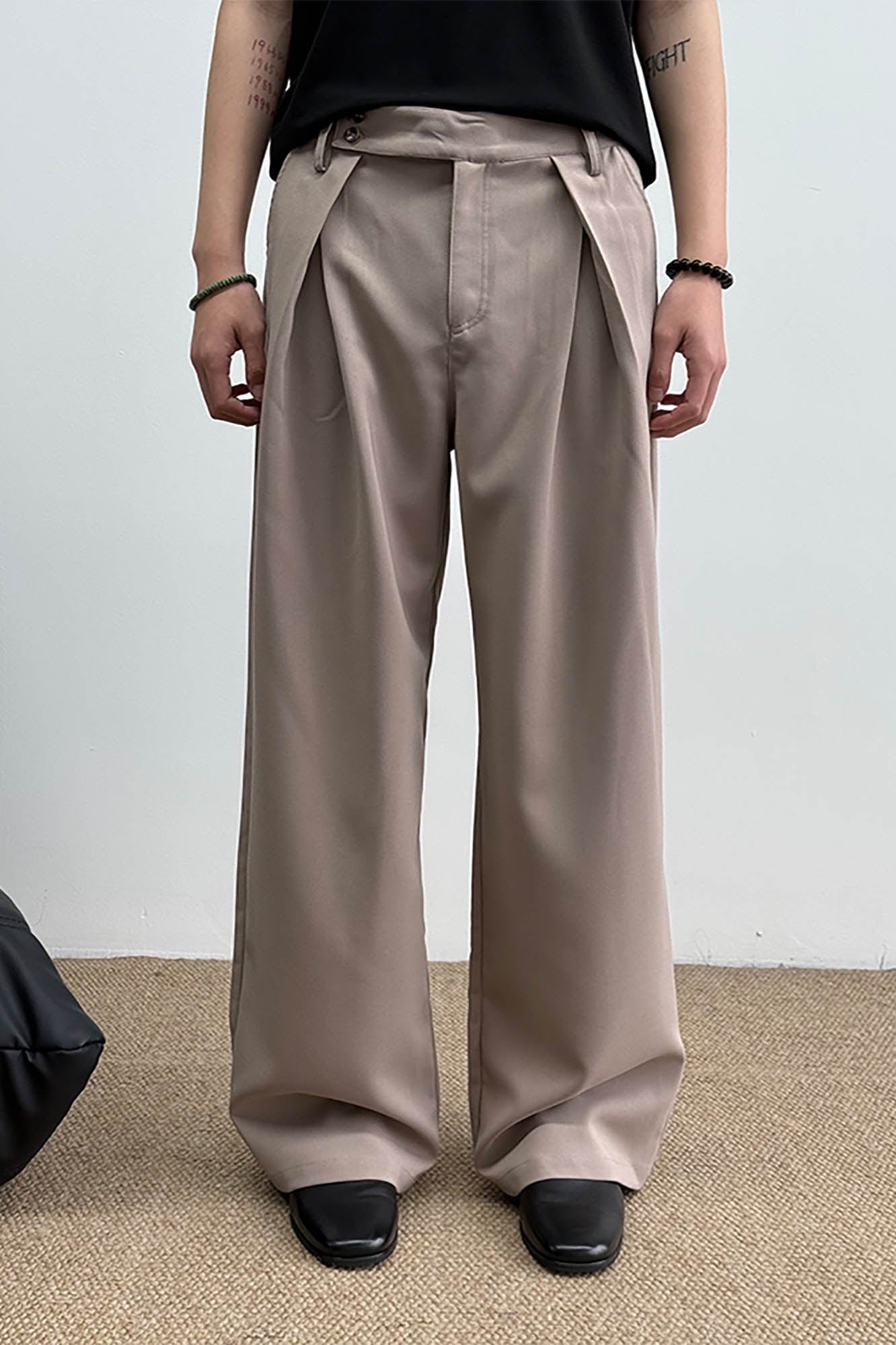 KREATE Inverted Pleats Asymmetric Waist Wide-Leg Trousers, premium urban and streetwear designers apparel on PROJECTISR.com, KREATE