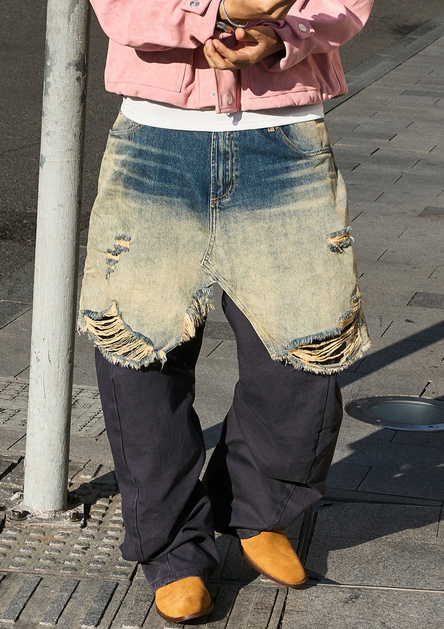 STEEPC Distressed Layered Denim Overlay Pants, premium urban and streetwear designers apparel on PROJECTISR.com, STEEPC