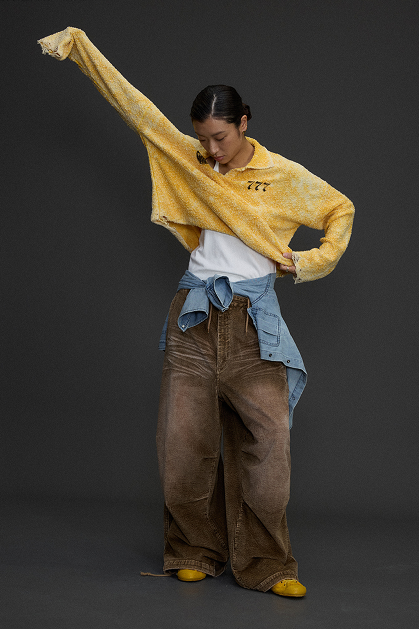 NIANJIUYIKOUER Washed Distressed Corduroy Wide-Leg Pants, premium urban and streetwear designers apparel on PROJECTISR.com, NIANJIUYIKOUER
