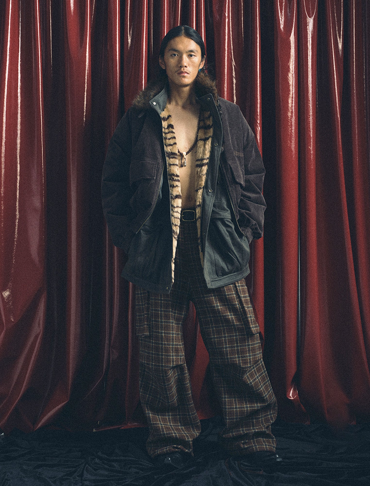 TRECLUB Plaid Pleated-Knee Wide-Leg Cargo Pants, premium urban and streetwear designers apparel on PROJECTISR.com, TRECLUB