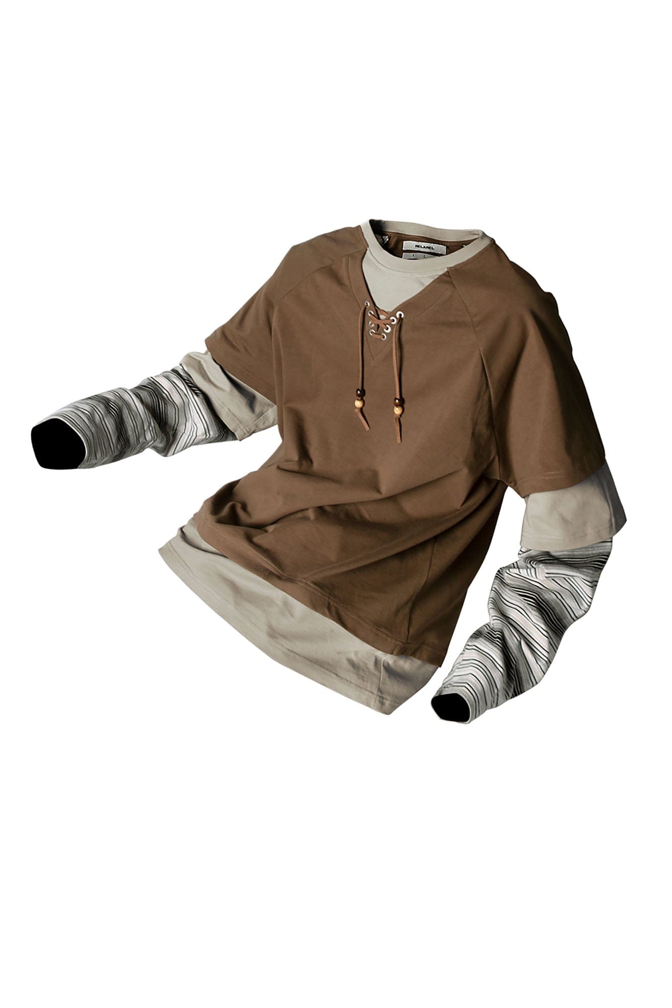 RELABEL Layered Stripe-Sleeve Lace-Up Sweatshirt Brown, premium urban and streetwear designers apparel on PROJECTISR.com, RELABEL