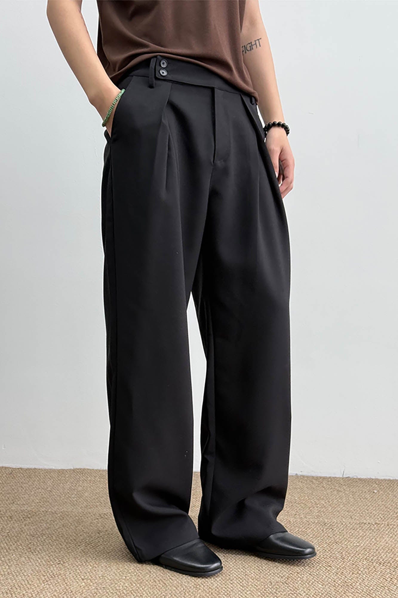 KREATE Inverted Pleats Asymmetric Waist Wide-Leg Trousers, premium urban and streetwear designers apparel on PROJECTISR.com, KREATE