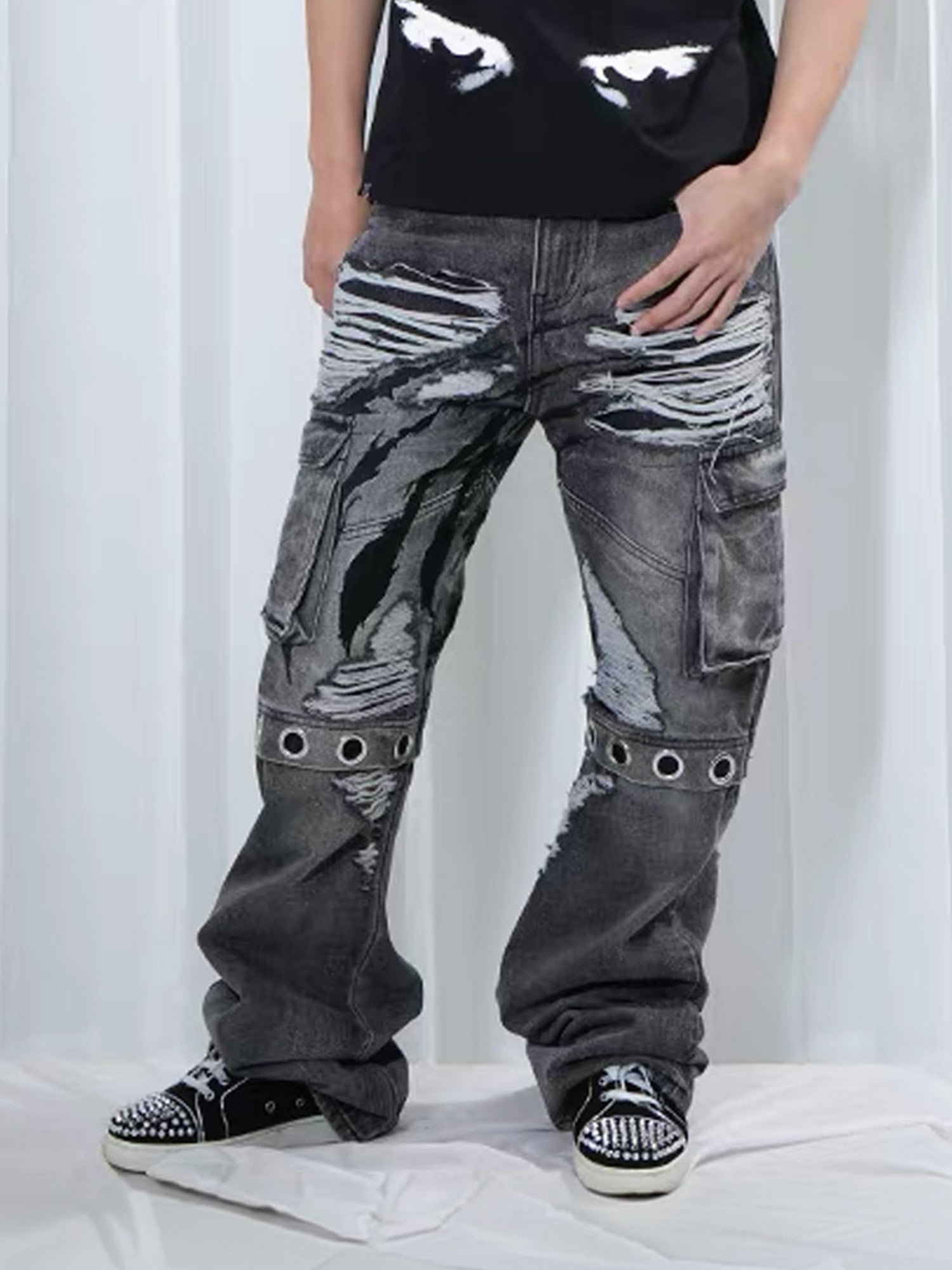 VINKID Distressed Grommet Strap Flared Jeans, premium urban and streetwear designers apparel on PROJECTISR.com, VINKID
