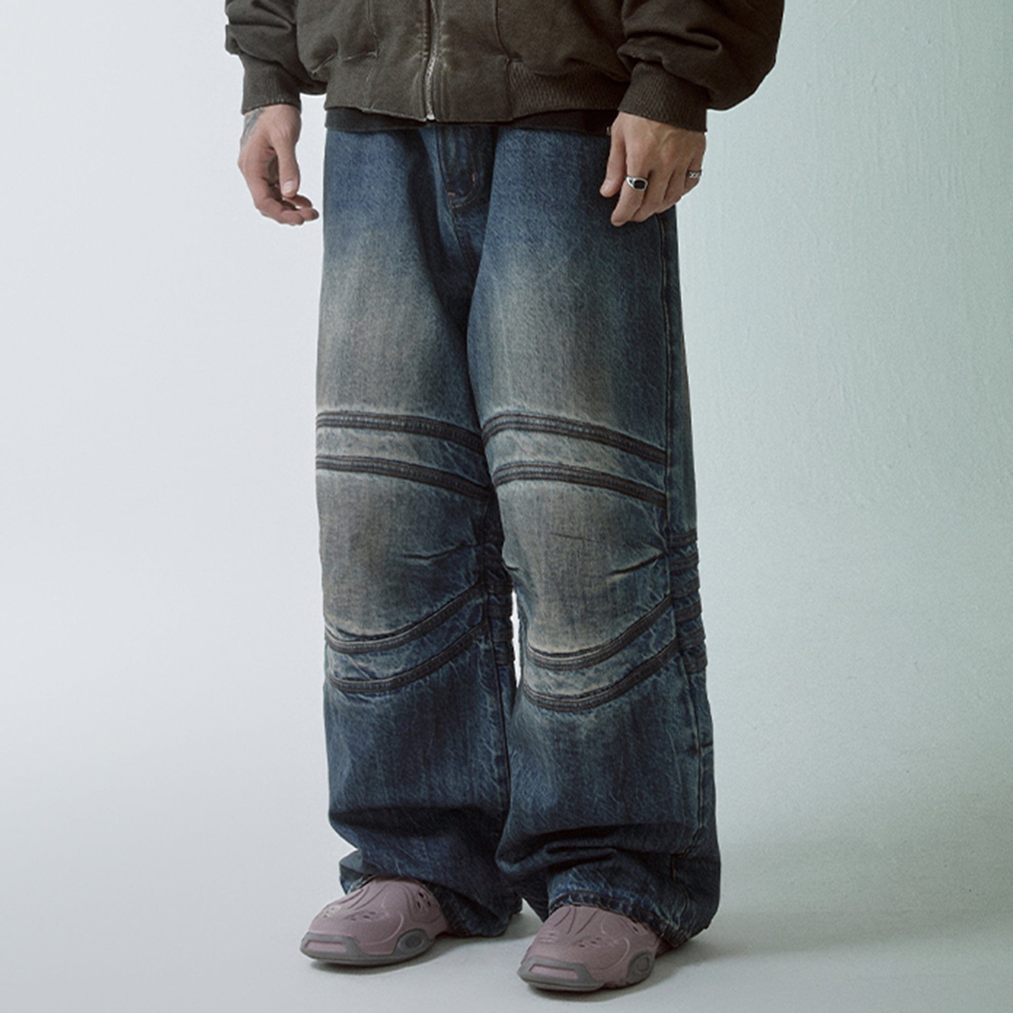 F2CE Retro Crinkled-Knee Washed Pants, premium urban and streetwear designers apparel on PROJECTISR.com, F2CE