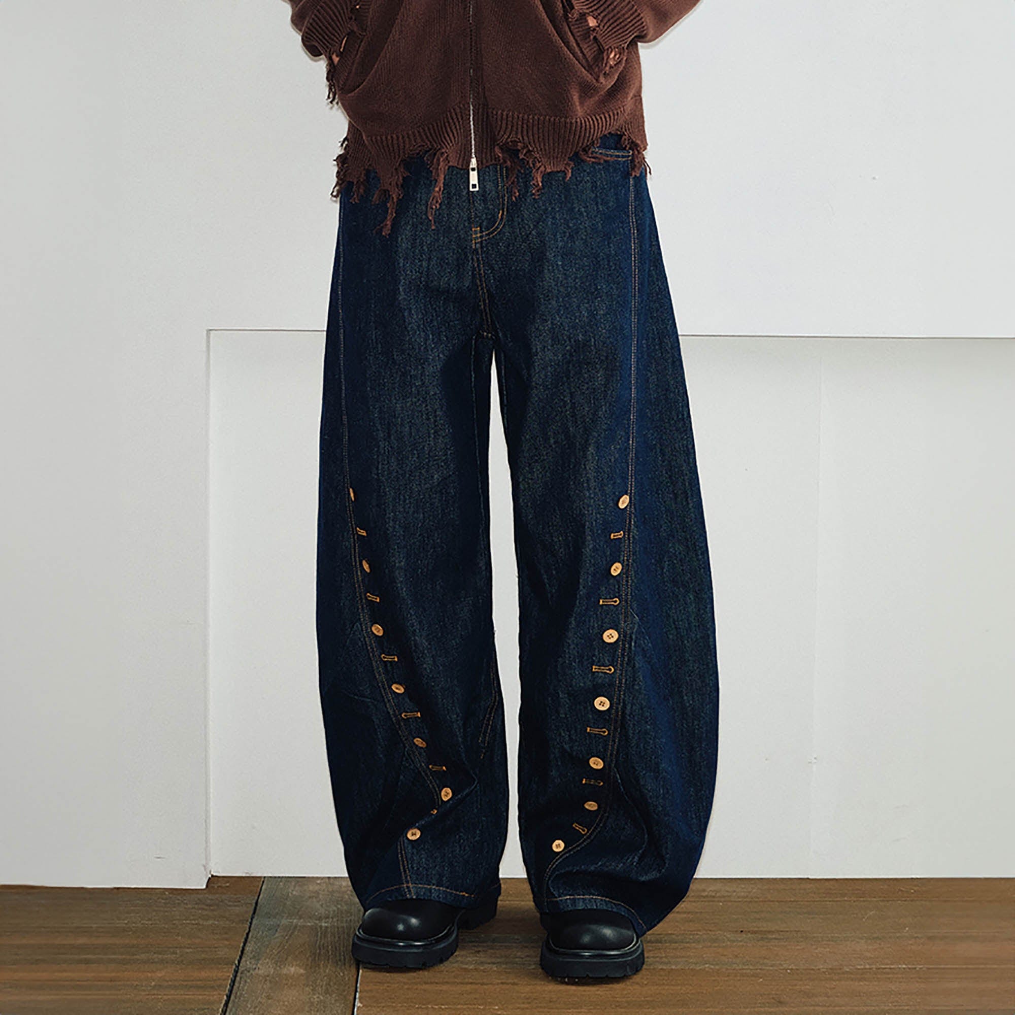 KREATE Button-Trim Curved-Leg Jeans, premium urban and streetwear designers apparel on PROJECTISR.com, KREATE
