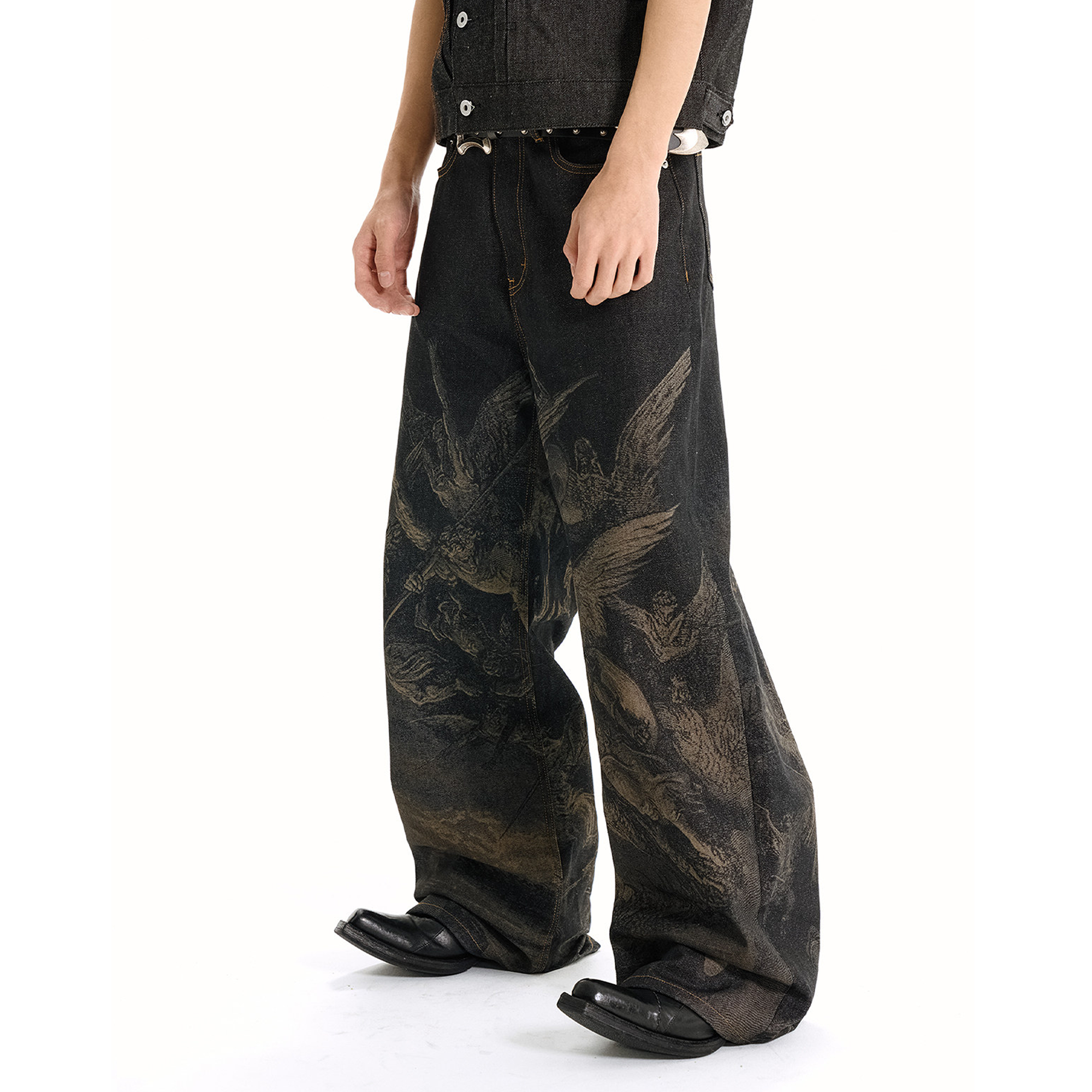 WANNA LAB Laser-Burned Studded Baggy Jeans