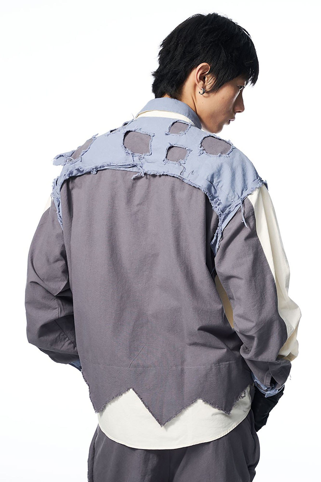 RELABEL Deconstructed Paneled Raw-Edge Frayed Shirt, premium urban and streetwear designers apparel on PROJECTISR.com, RELABEL