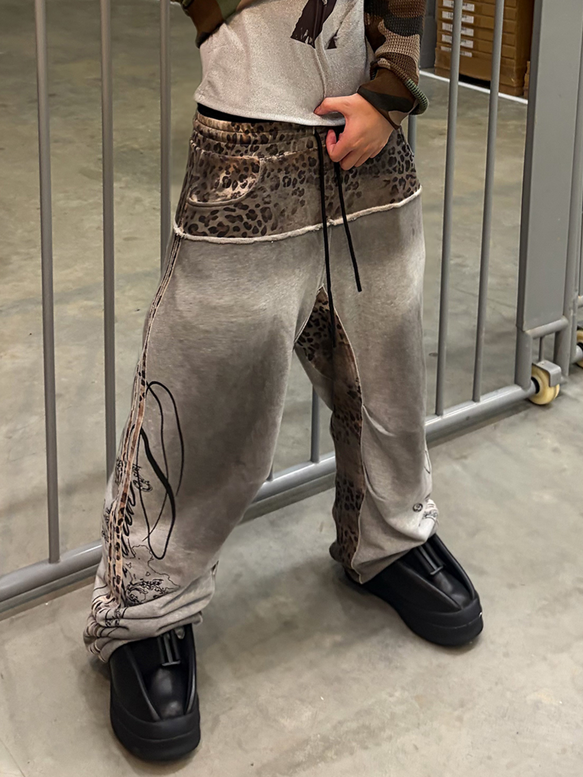 SAXGENWON Leopard Layered Frayed Paint-Splattered Sweatpants