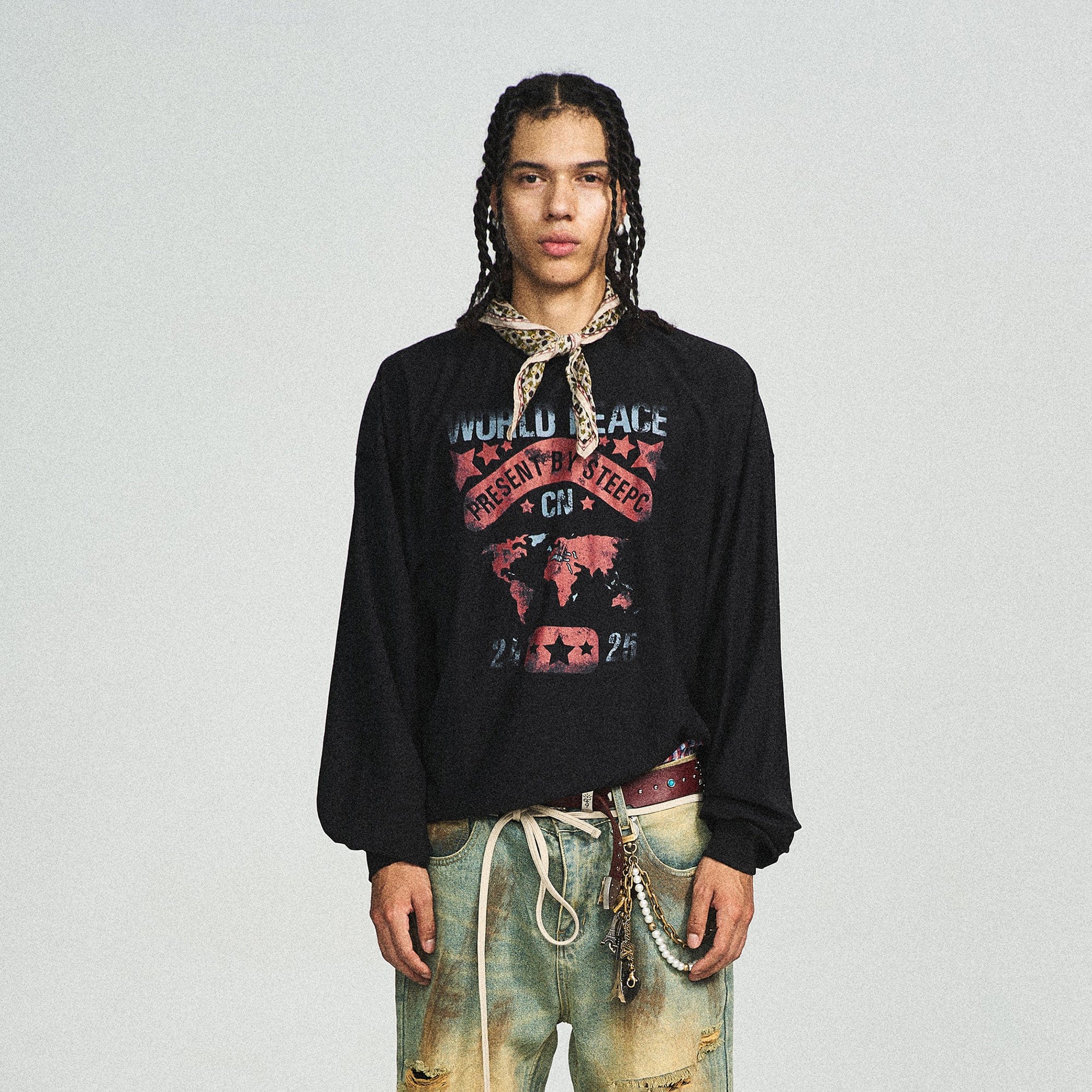 STEEPC Retro World Peace Frayed Long-Sleeve Tee, premium urban and streetwear designers apparel on PROJECTISR.com, STEEPC