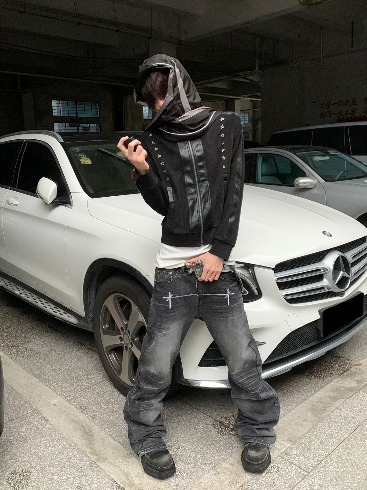 SAXGENWON Embroidered Spliced Suede Stand-Collar Jacket