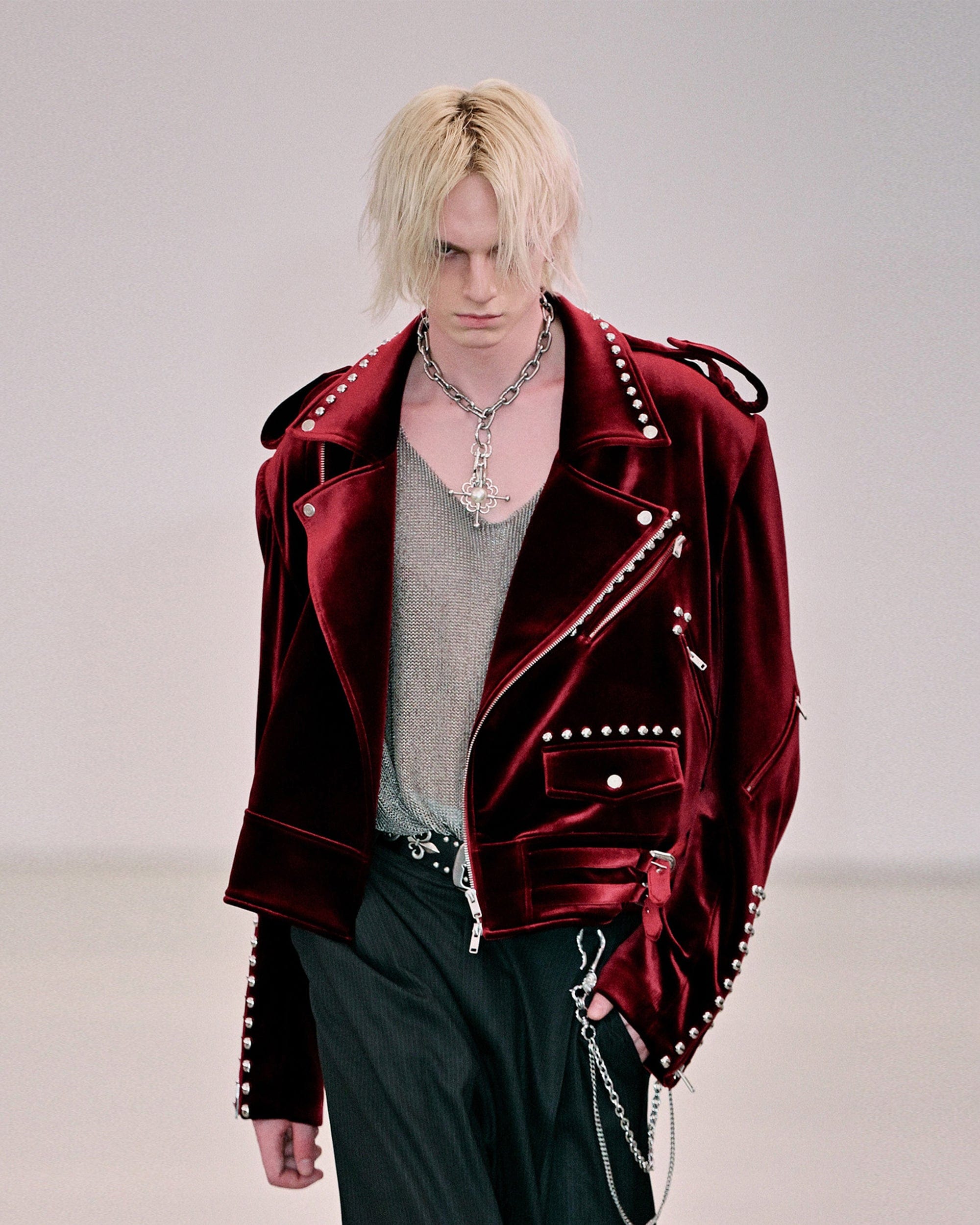 FACEONLAB Red Velvet Rivet Biker Jacket, premium urban and streetwear designers apparel on PROJECTISR.com, FACEONLAB