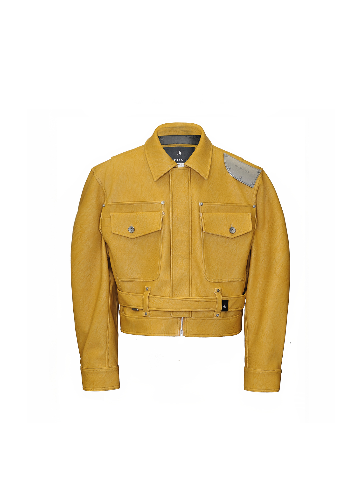 FACEONLAB Metal Epaulettes Belted Faux Leather Jacket Yellow
