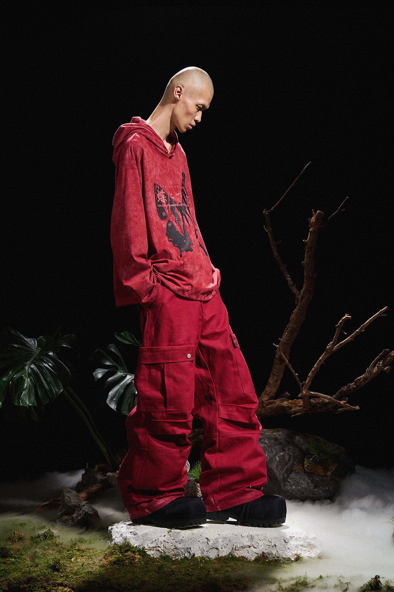 RELABEL Multi-Pocket Oversized Workwear Cargo Pants Red, premium urban and streetwear designers apparel on PROJECTISR.com, RELABEL