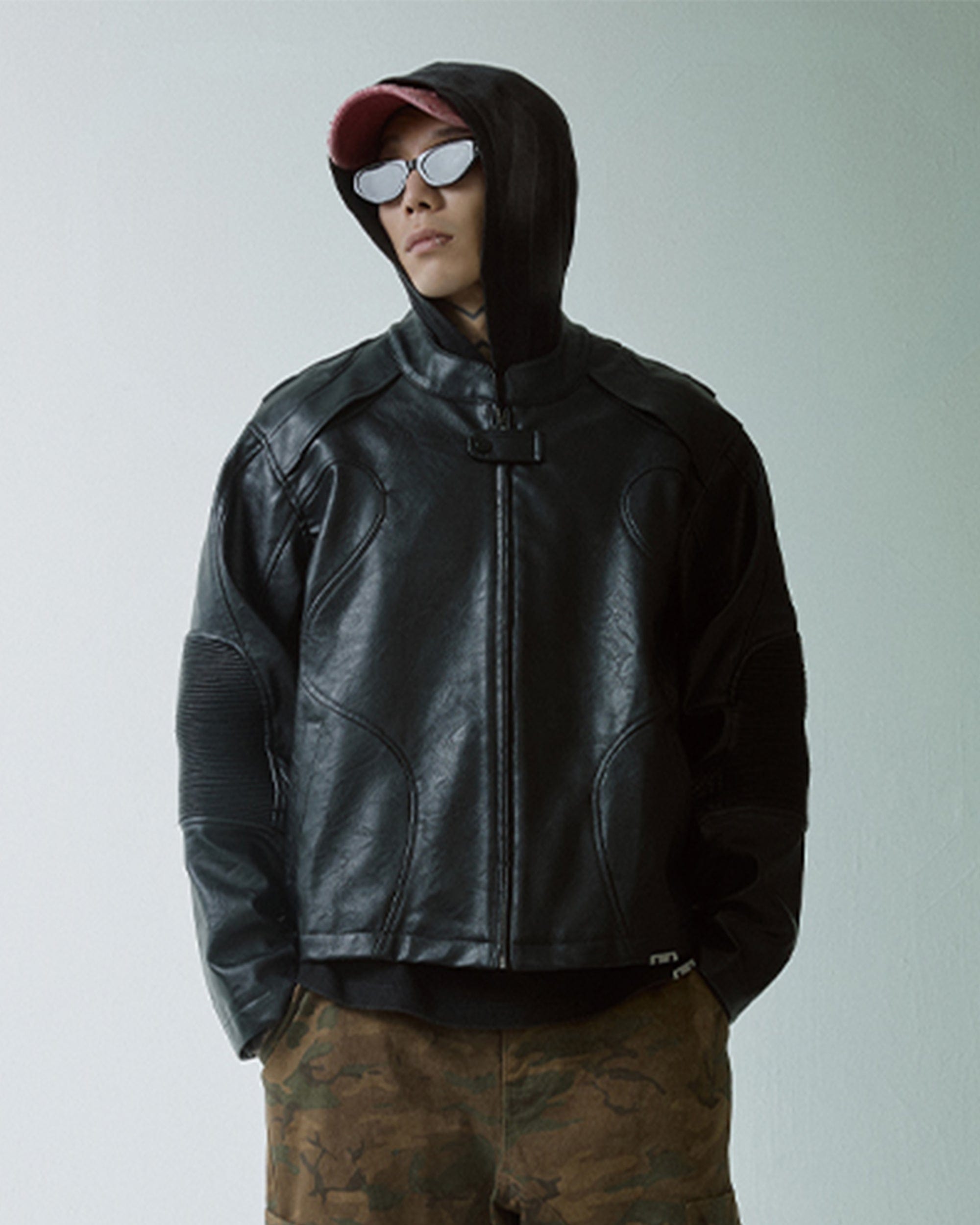 F2CE Modern Deconstructed Faux Leather Biker Jacket Black, premium urban and streetwear designers apparel on PROJECTISR.com, F2CE