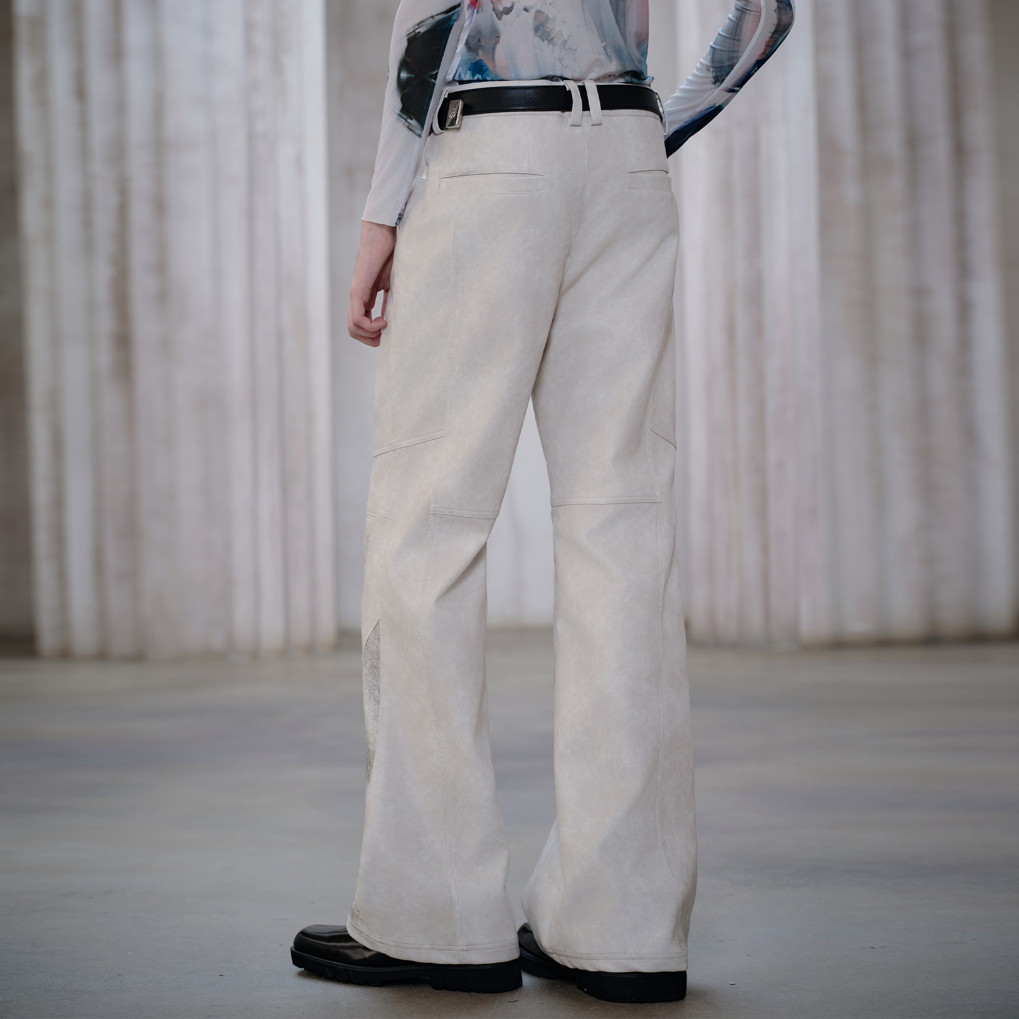 FACEONLAB Panel Armored Faux Leather Biker Pants White