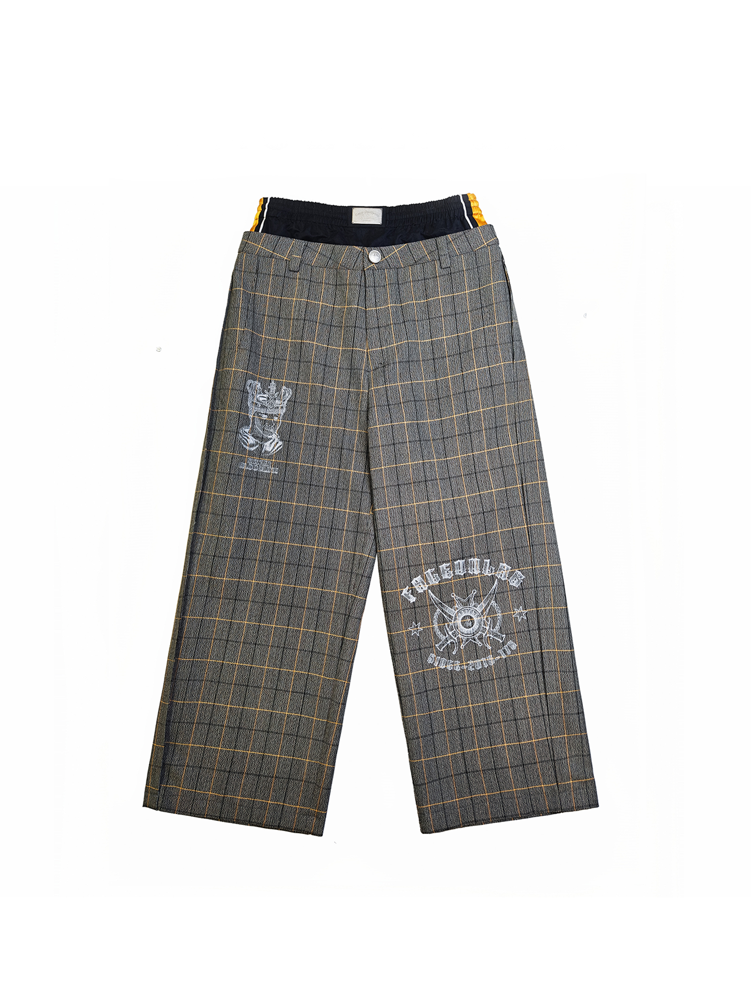 FACEONLAB Contrast Double-Waist Plaid Graphic Trousers, premium urban and streetwear designers apparel on PROJECTISR.com, FACEONLAB
