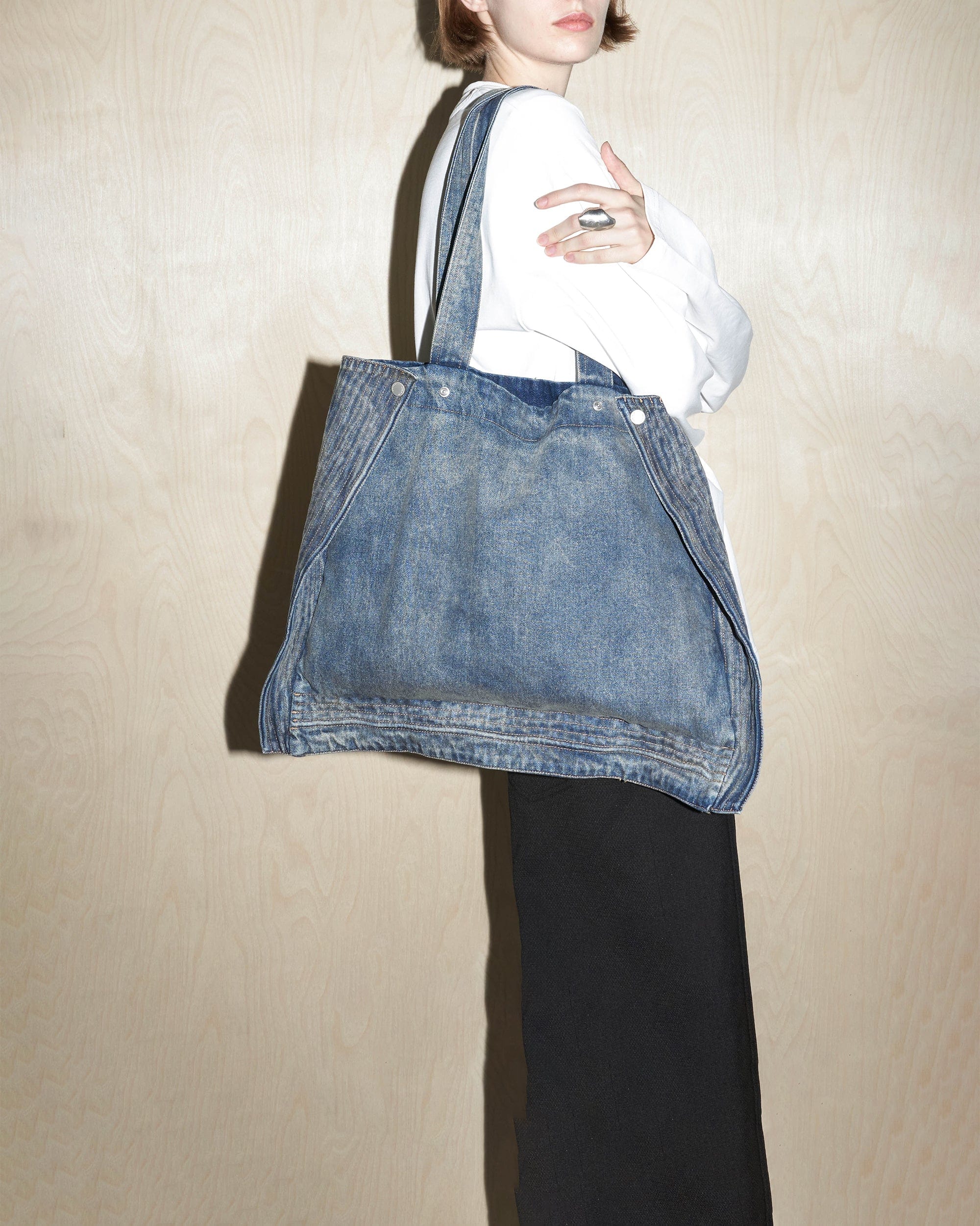 49PERCENT Modern Washed Foldable Denim Tote Bag, premium urban and streetwear designers apparel on PROJECTISR.com, 49PERCENT