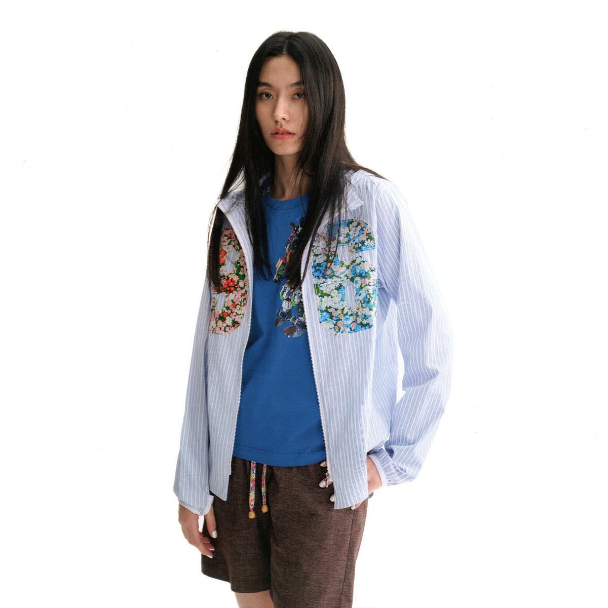 URBAN+FOREST Floral Patchwork Striped Hooded Shirt Jacket, premium urban and streetwear designers apparel on PROJECTISR.com, URBAN+FOREST