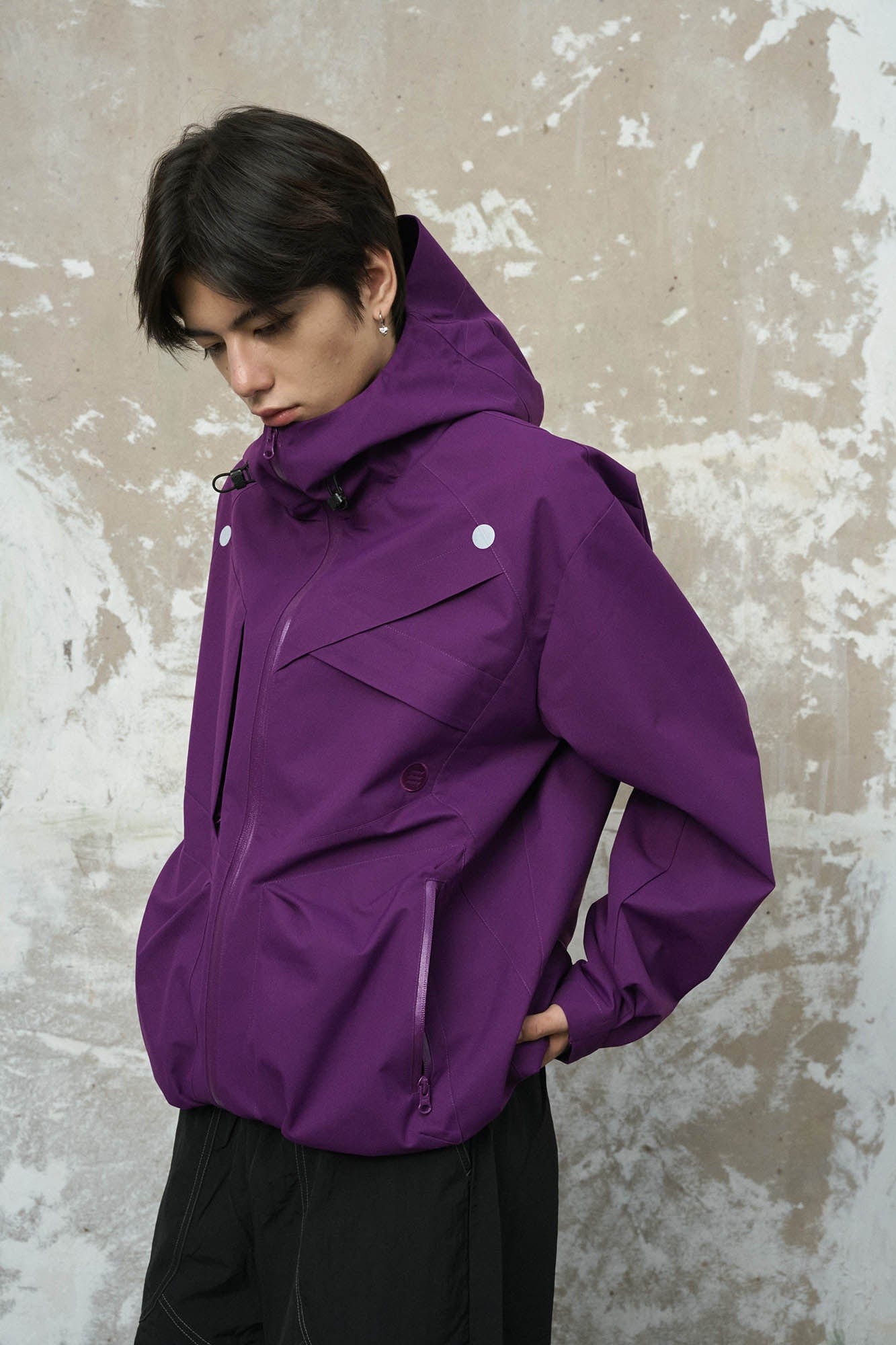 ENSHADOWER Asymmetrical Spliced Drawstring Splash-Proof Windbreaker, premium urban and streetwear designers apparel on PROJECTISR.com, ENSHADOWER