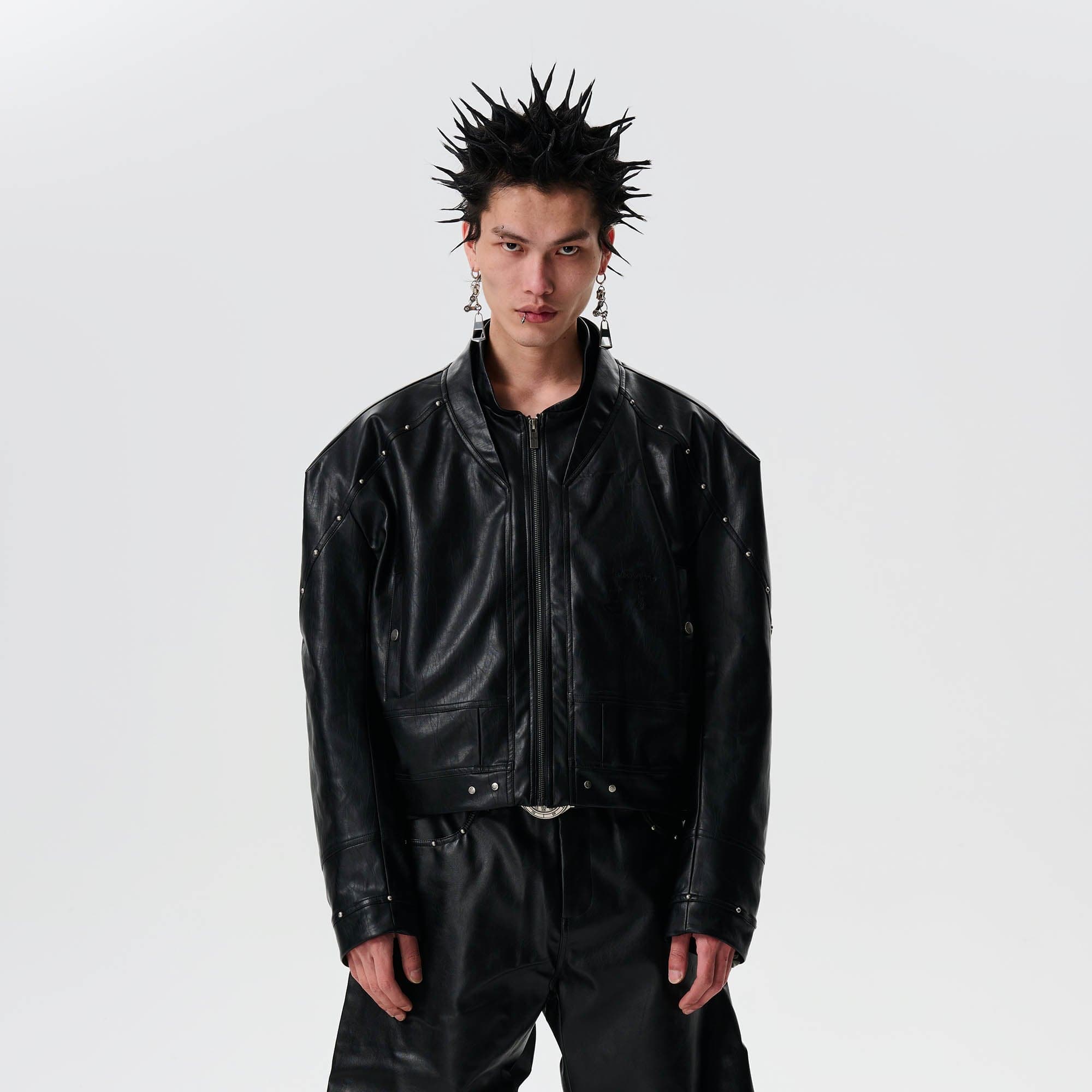 SAVAGEGROWTHWORLD Snake Bone Embroidered Rivet Cropped PU Jacket, premium urban and streetwear designers apparel on PROJECTISR.com, SAVAGEGROWTHWORLD