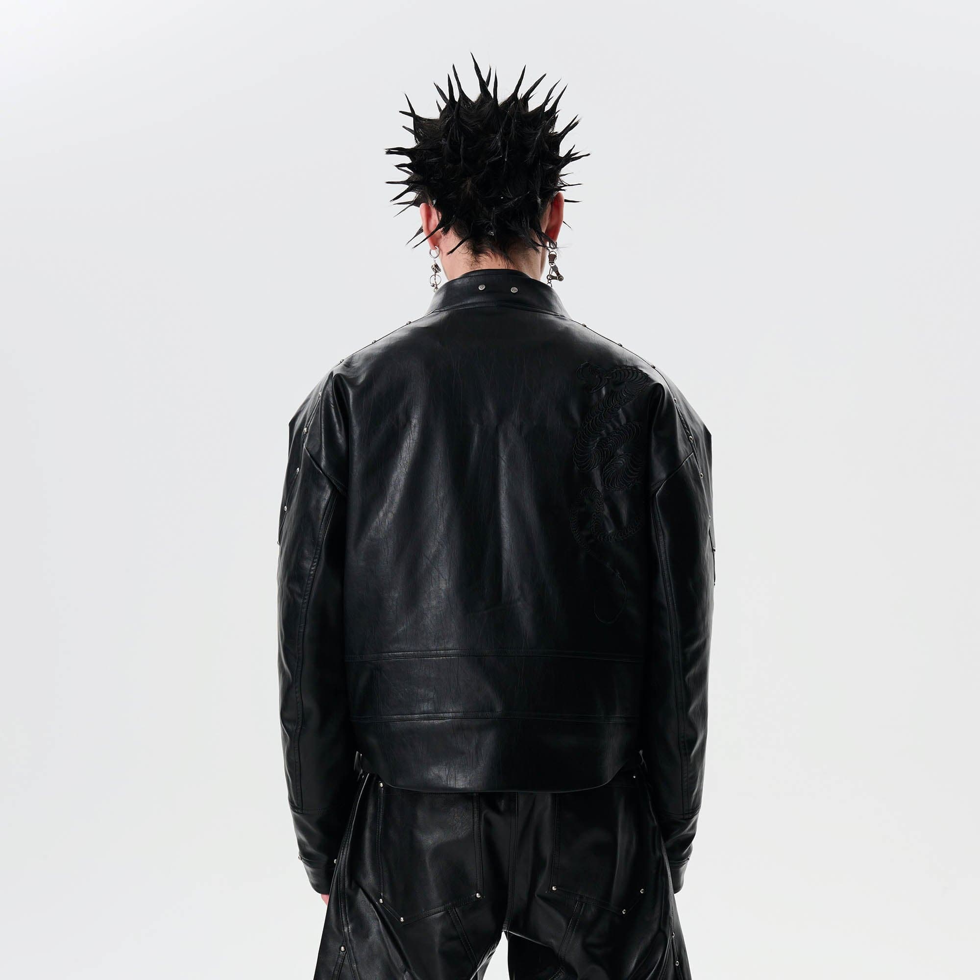 SAVAGEGROWTHWORLD Snake Bone Embroidered Rivet Cropped PU Jacket, premium urban and streetwear designers apparel on PROJECTISR.com, SAVAGEGROWTHWORLD