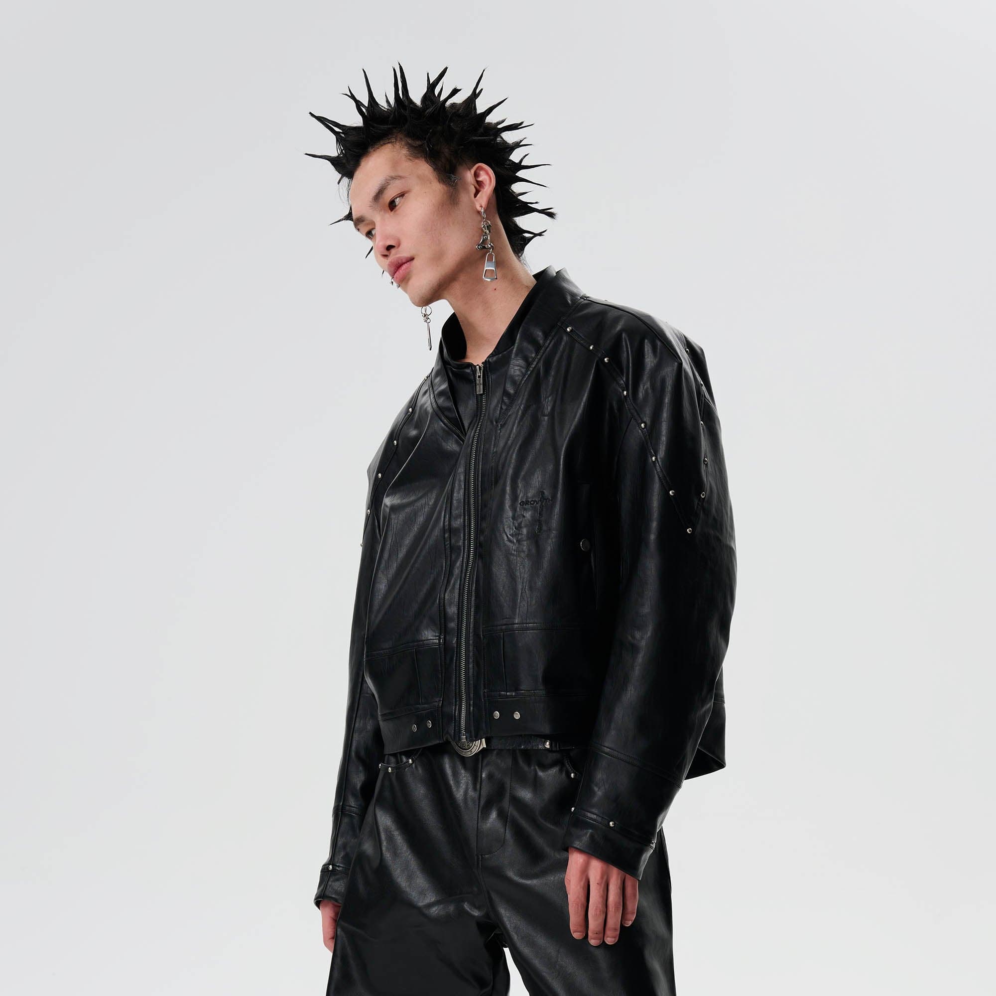 SAVAGEGROWTHWORLD Snake Bone Embroidered Rivet Cropped PU Jacket, premium urban and streetwear designers apparel on PROJECTISR.com, SAVAGEGROWTHWORLD