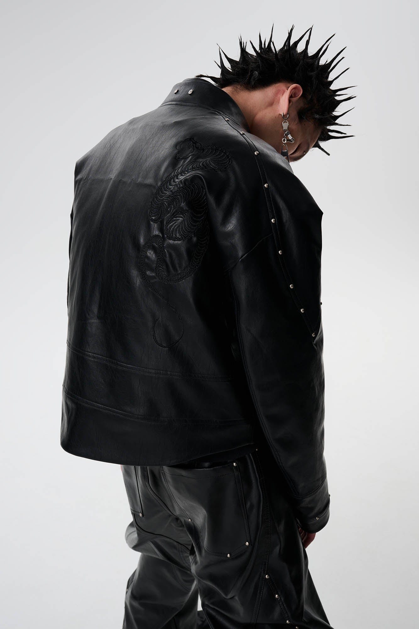 SAVAGEGROWTHWORLD Snake Bone Embroidered Rivet Cropped PU Jacket, premium urban and streetwear designers apparel on PROJECTISR.com, SAVAGEGROWTHWORLD