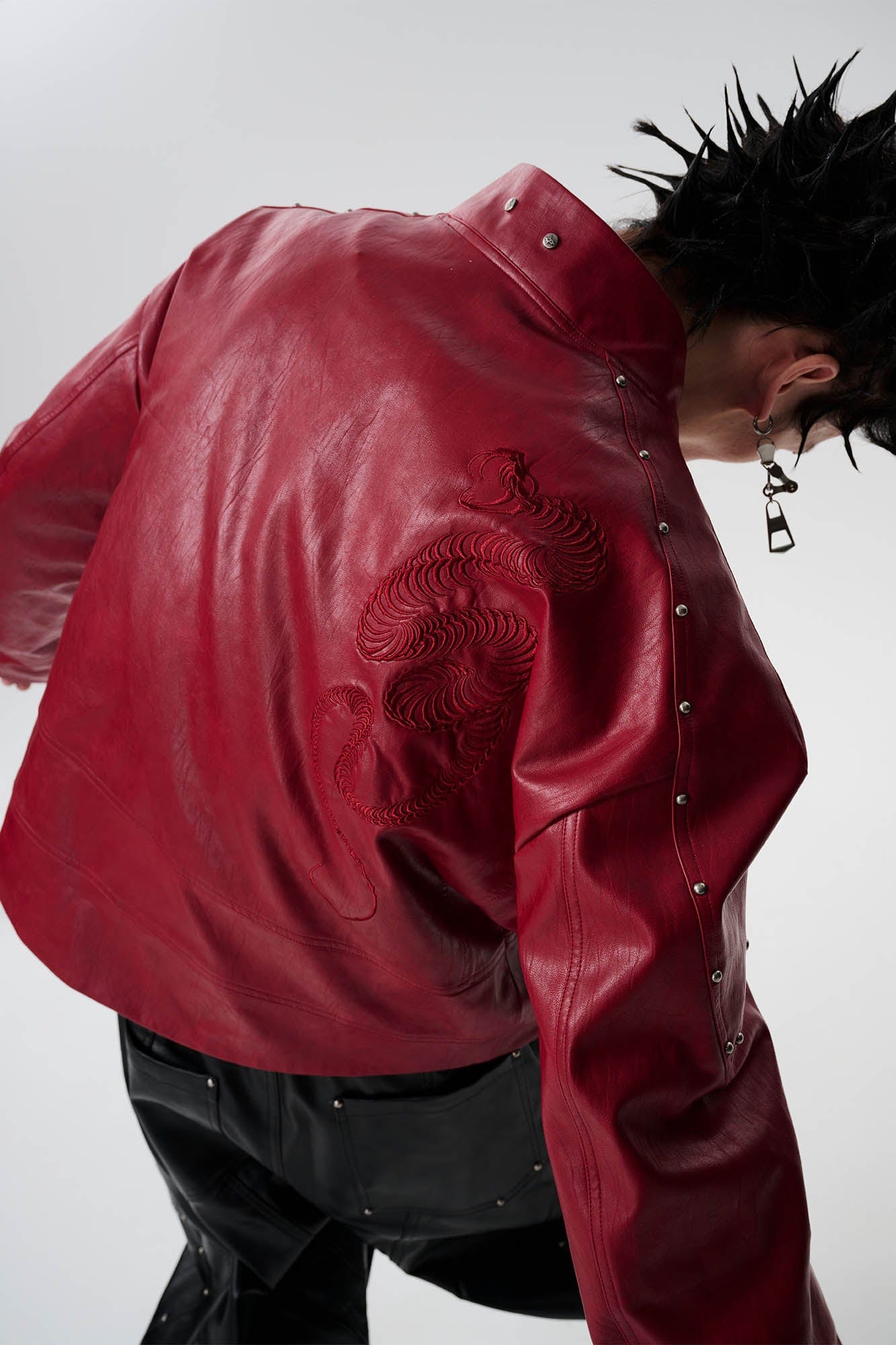SAVAGEGROWTHWORLD Snake Bone Embroidered Rivet Cropped PU Jacket, premium urban and streetwear designers apparel on PROJECTISR.com, SAVAGEGROWTHWORLD