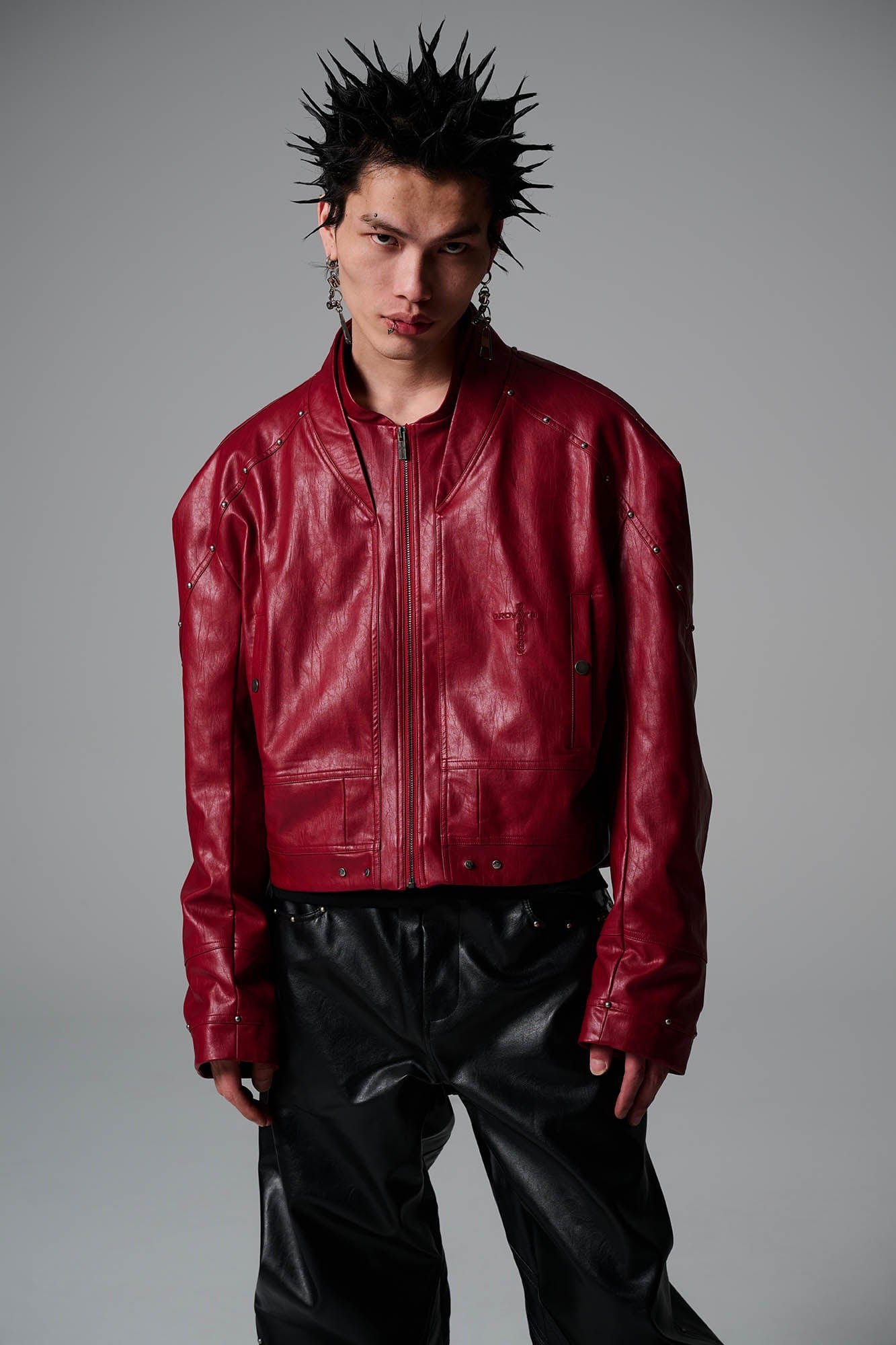 SAVAGEGROWTHWORLD Snake Bone Embroidered Rivet Cropped PU Jacket, premium urban and streetwear designers apparel on PROJECTISR.com, SAVAGEGROWTHWORLD