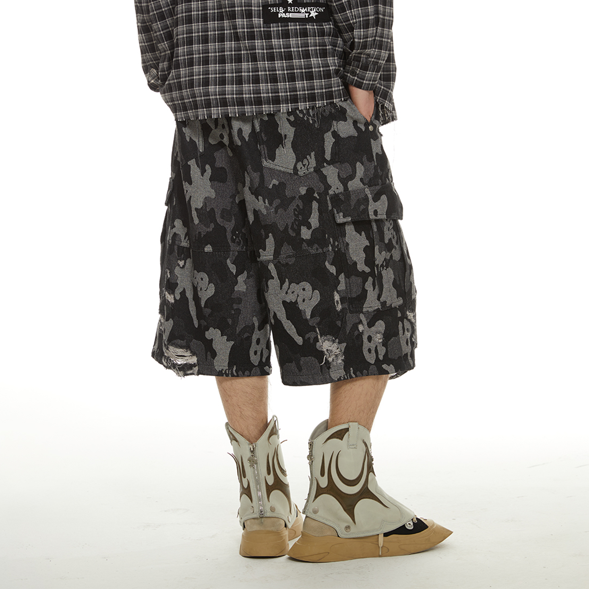 PASET Retro Distressed Camo Cargo Shorts