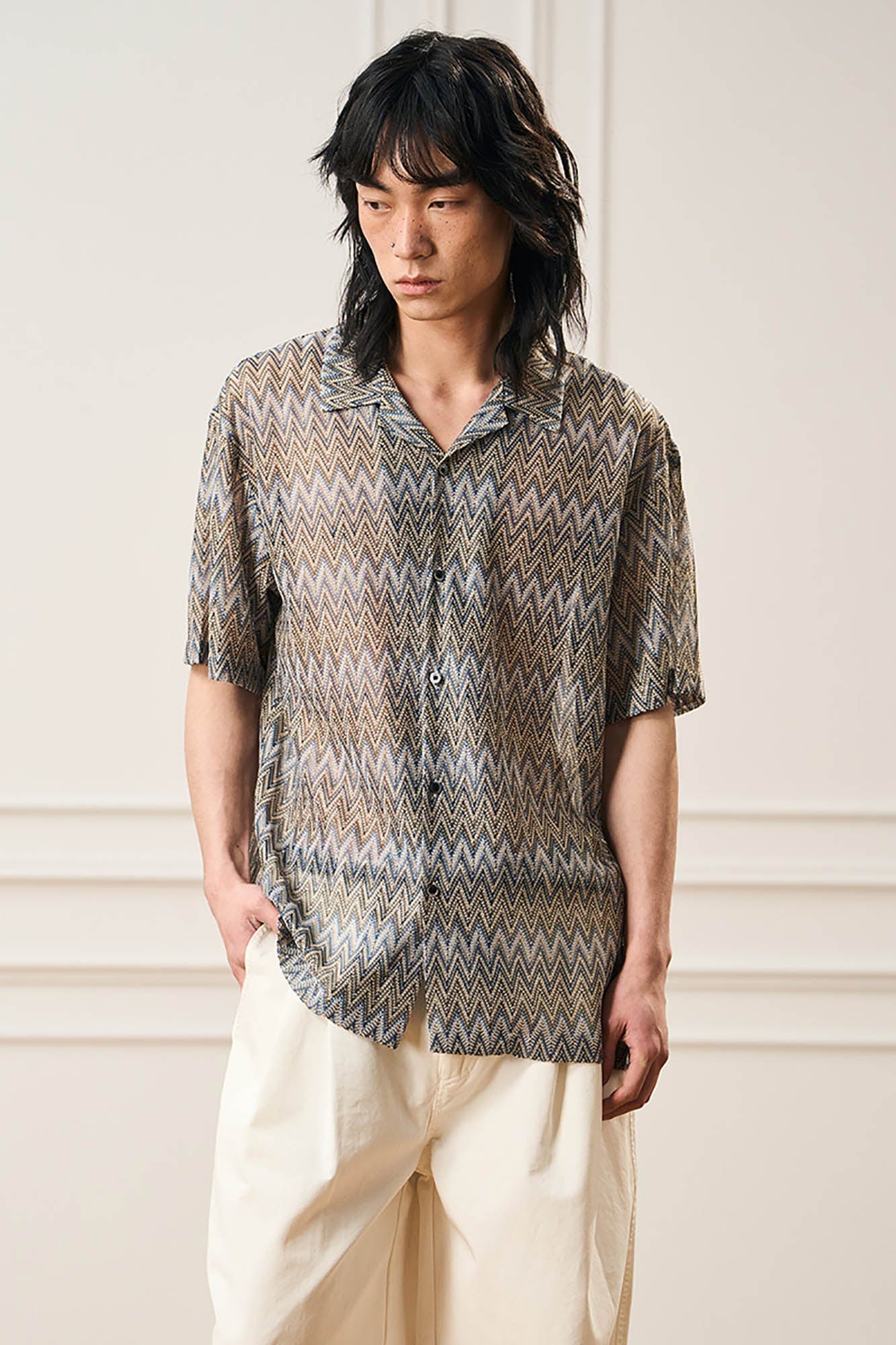 EPIC POETRY Geometric Ripple Knitted Half Shirt Sandstone, premium urban and streetwear designers apparel on PROJECTISR.com, EPIC POETRY