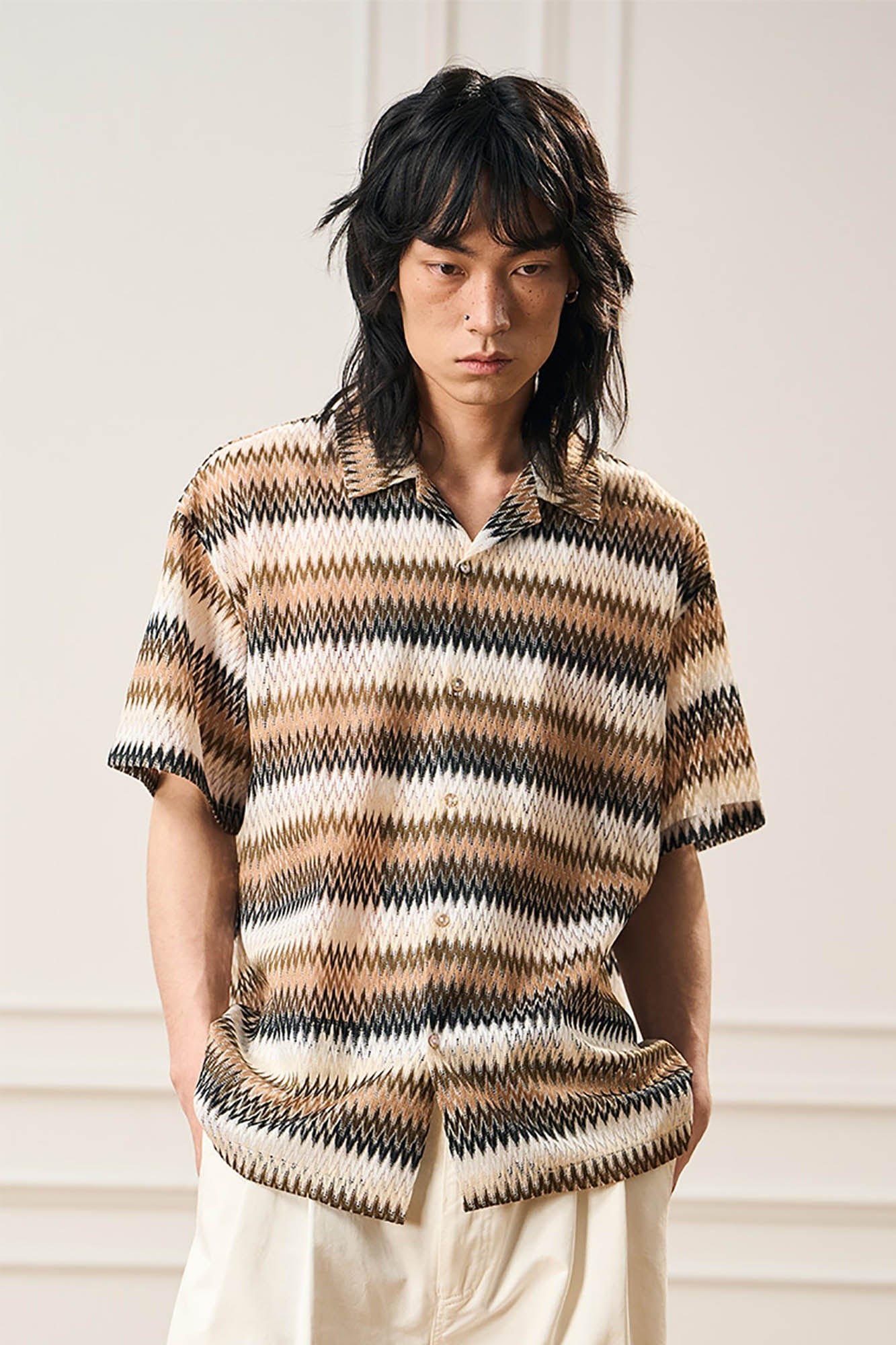 EPIC POETRY Geometric Ripple Knitted Half Shirt Brown, premium urban and streetwear designers apparel on PROJECTISR.com, EPIC POETRY