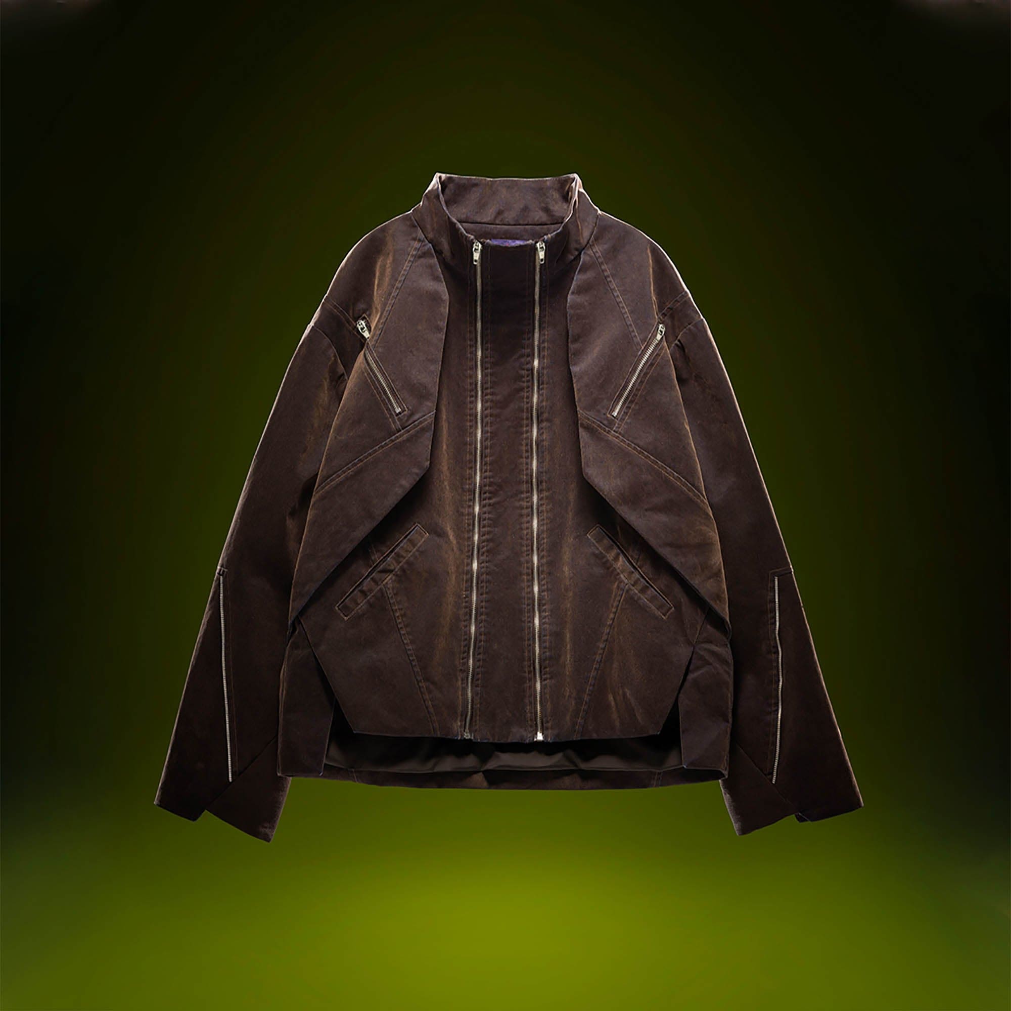 XIPHEVIL Mech Deconstructed Washed Denim Jacket Brown, premium urban and streetwear designers apparel on PROJECTISR.com, XIPHEVIL