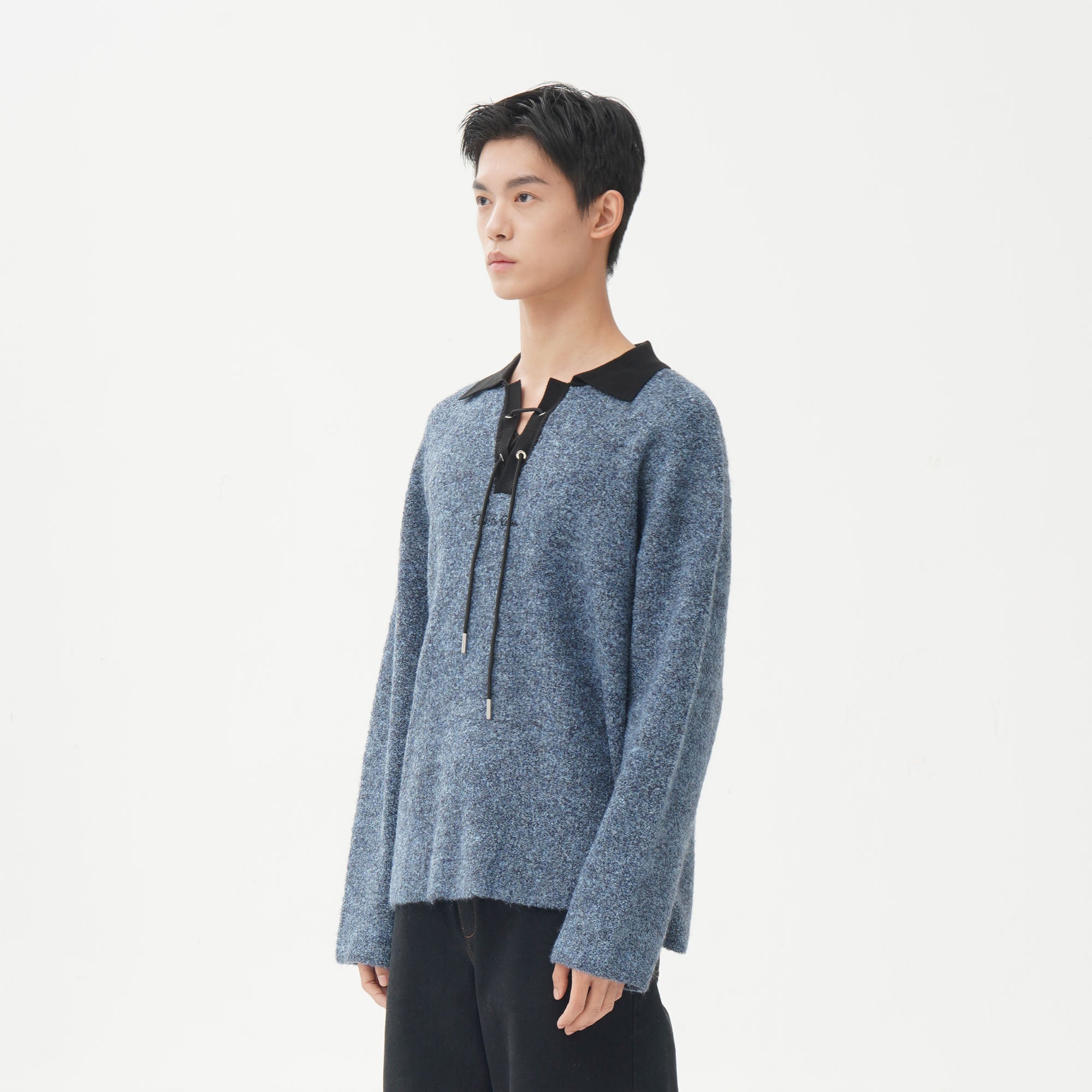 ORAL UTOPIA Lace-Up Polo Collar Knit Pullover