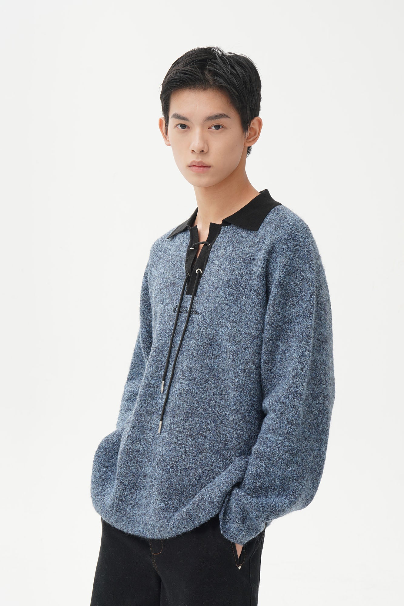 ORAL UTOPIA Lace-Up Polo Collar Knit Pullover