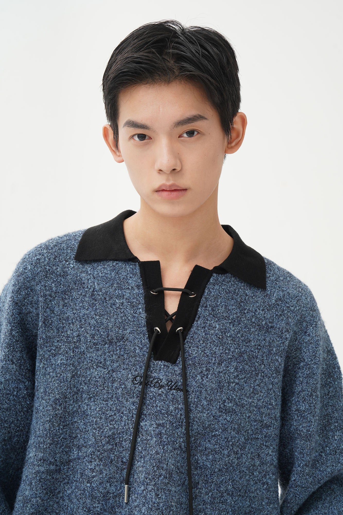 ORAL UTOPIA Lace-Up Polo Collar Knit Pullover