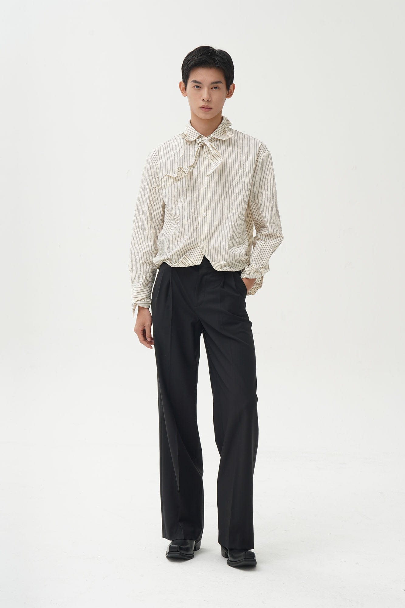 ORAL UTOPIA Crinkled Stripe Memory Pleated Tie-Neck Shirt, premium urban and streetwear designers apparel on PROJECTISR.com, ORAL UTOPIA