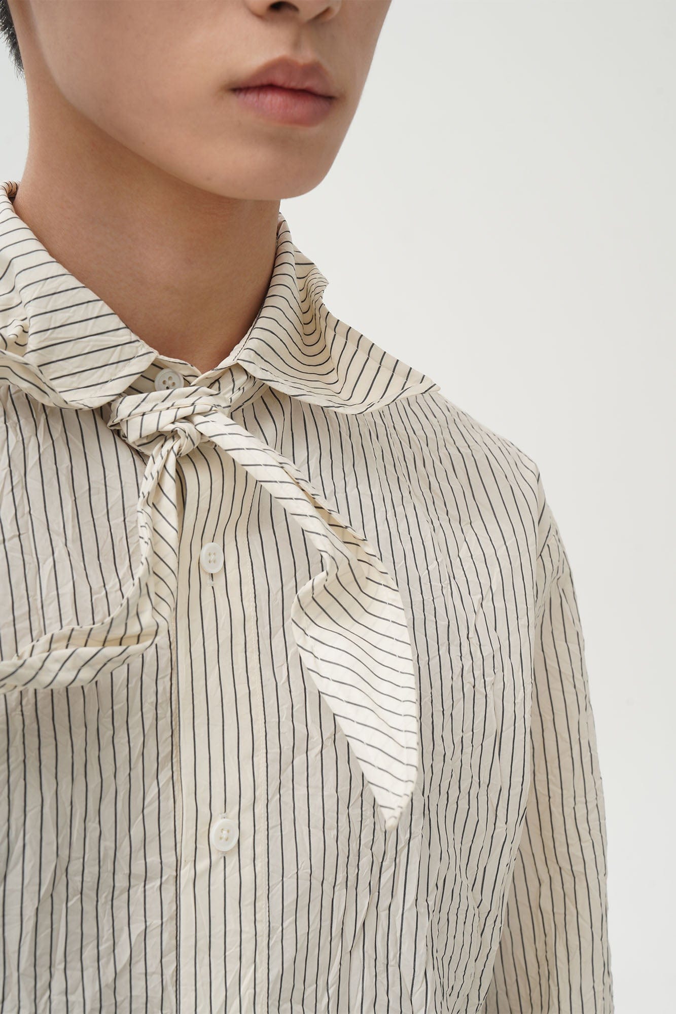 ORAL UTOPIA Crinkled Stripe Memory Pleated Tie-Neck Shirt, premium urban and streetwear designers apparel on PROJECTISR.com, ORAL UTOPIA