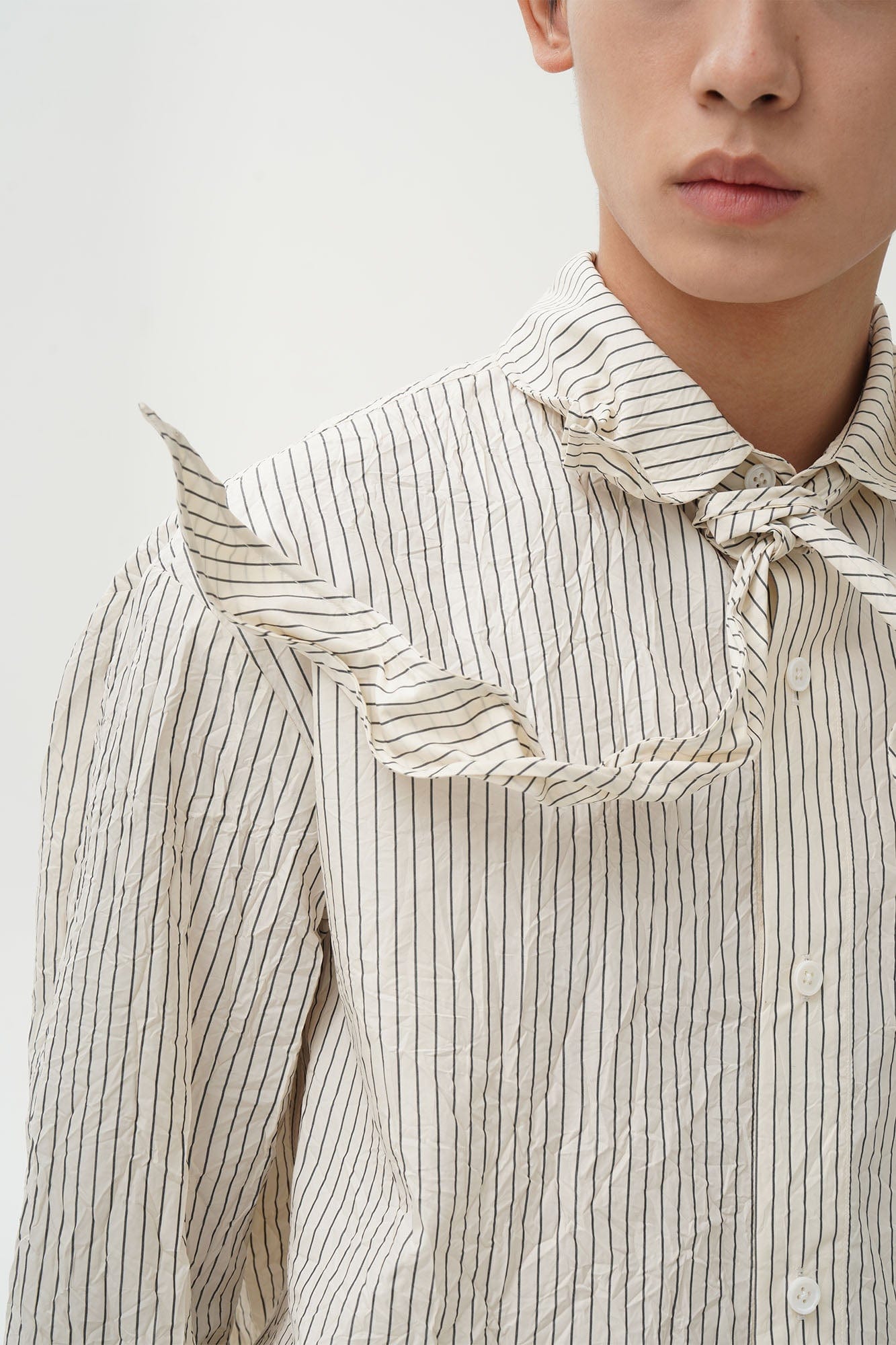 ORAL UTOPIA Crinkled Stripe Memory Pleated Tie-Neck Shirt, premium urban and streetwear designers apparel on PROJECTISR.com, ORAL UTOPIA