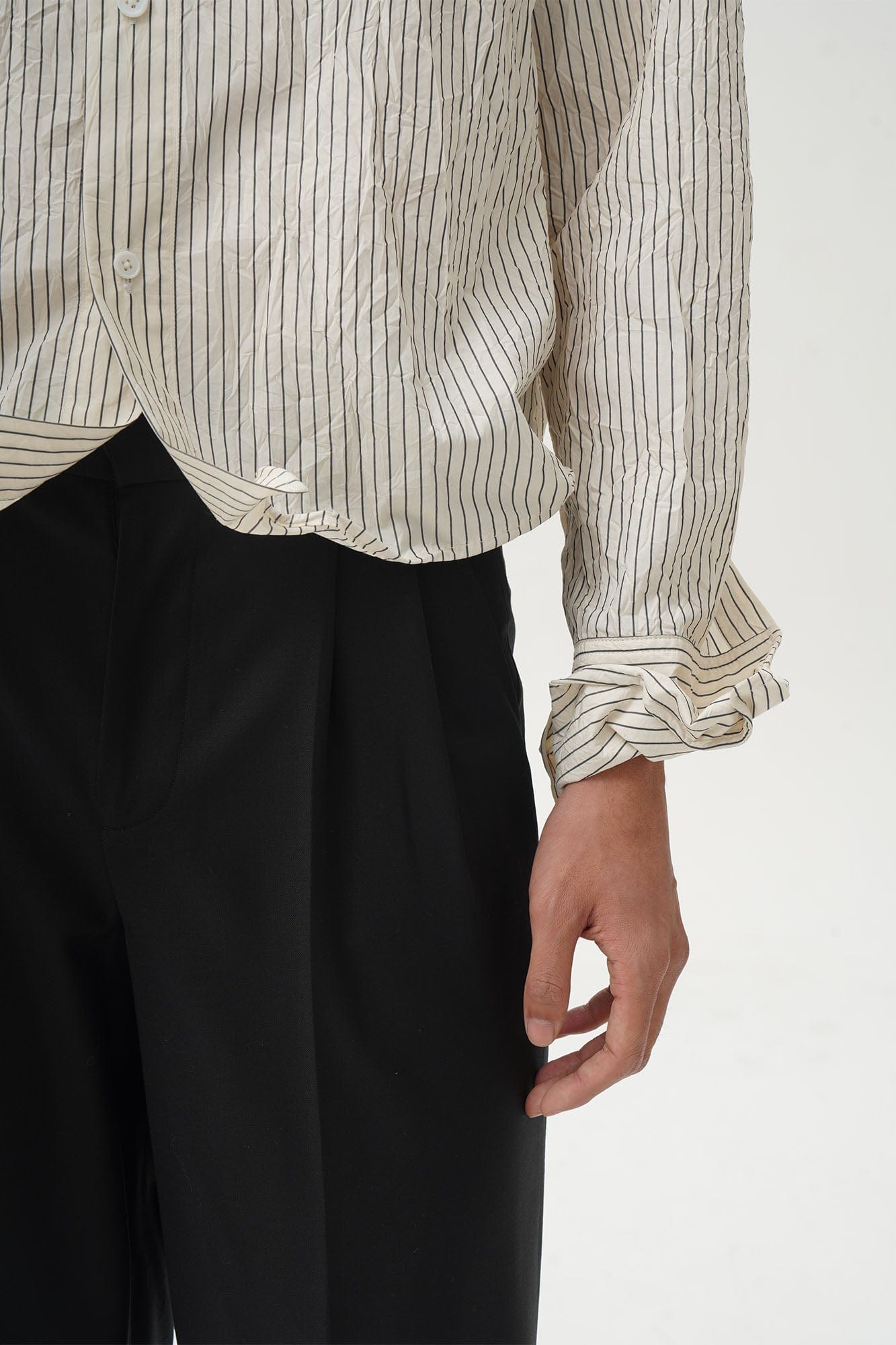 ORAL UTOPIA Crinkled Stripe Memory Pleated Tie-Neck Shirt, premium urban and streetwear designers apparel on PROJECTISR.com, ORAL UTOPIA