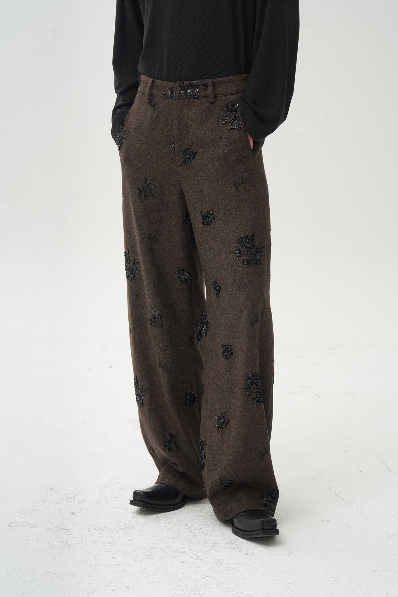 ORAL UTOPIA Embellished Sequin Embroidery Curved Pants, premium urban and streetwear designers apparel on PROJECTISR.com, ORAL UTOPIA