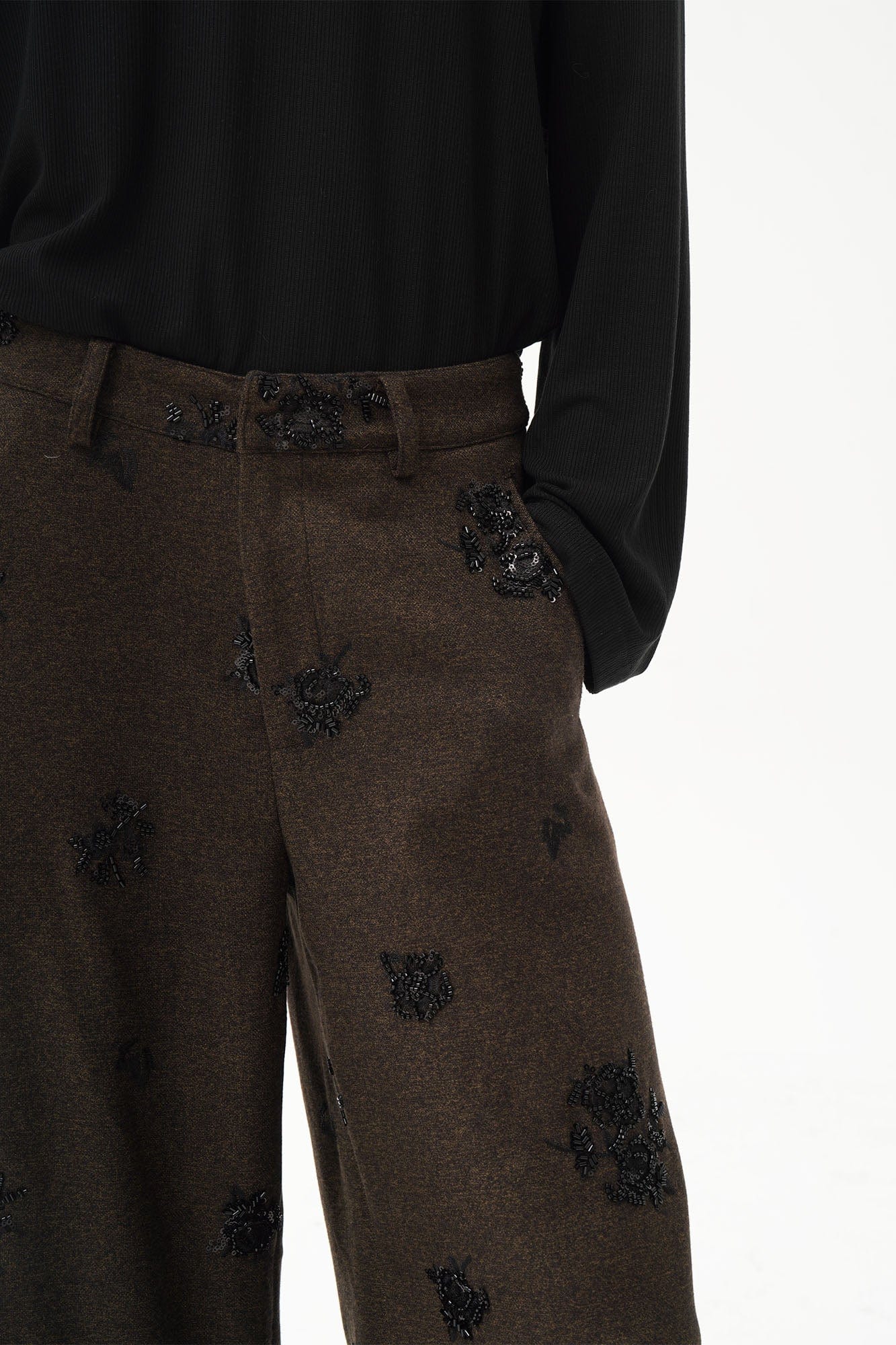 ORAL UTOPIA Embellished Sequin Embroidery Curved Pants, premium urban and streetwear designers apparel on PROJECTISR.com, ORAL UTOPIA