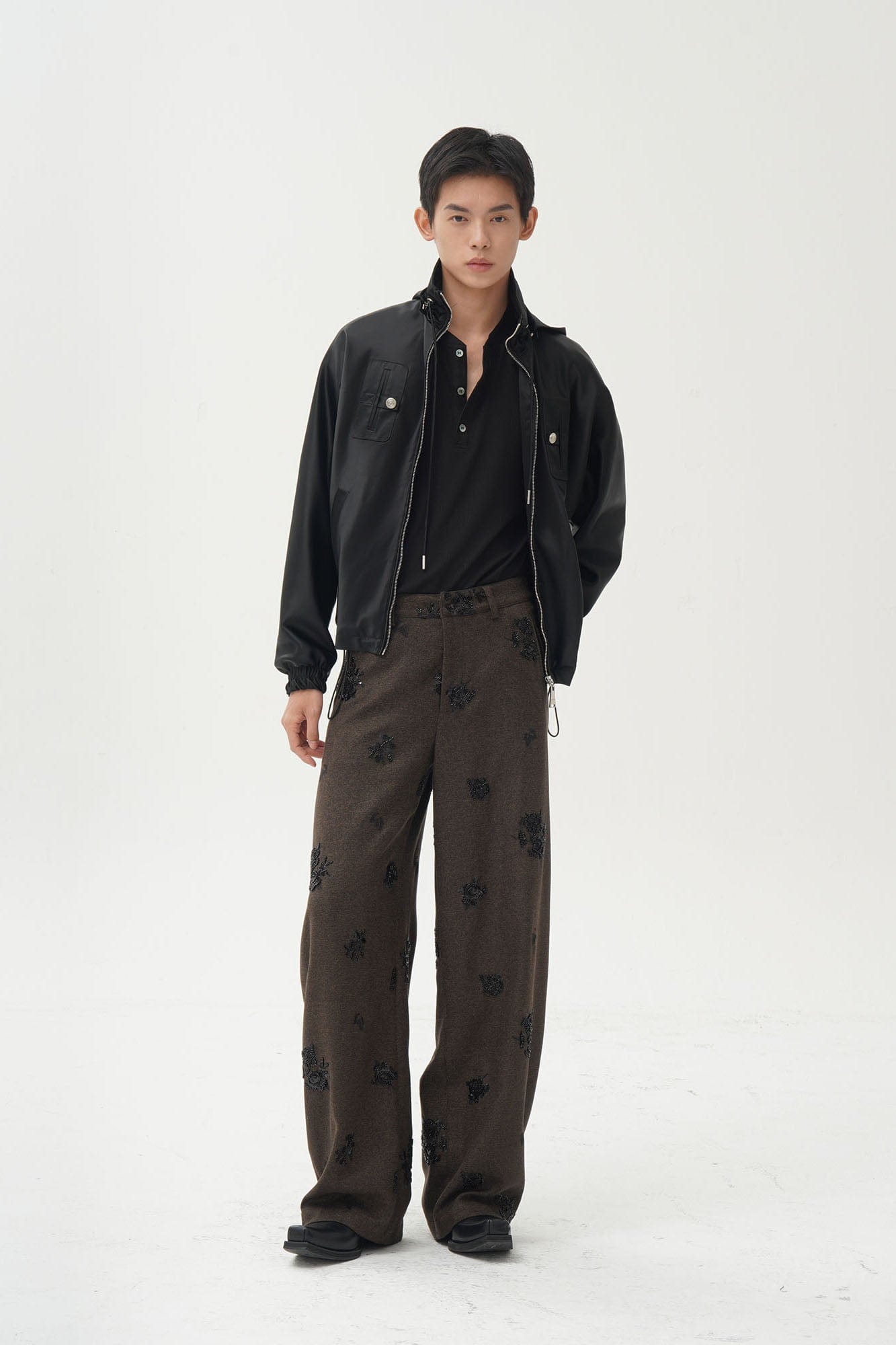 ORAL UTOPIA Embellished Sequin Embroidery Curved Pants, premium urban and streetwear designers apparel on PROJECTISR.com, ORAL UTOPIA