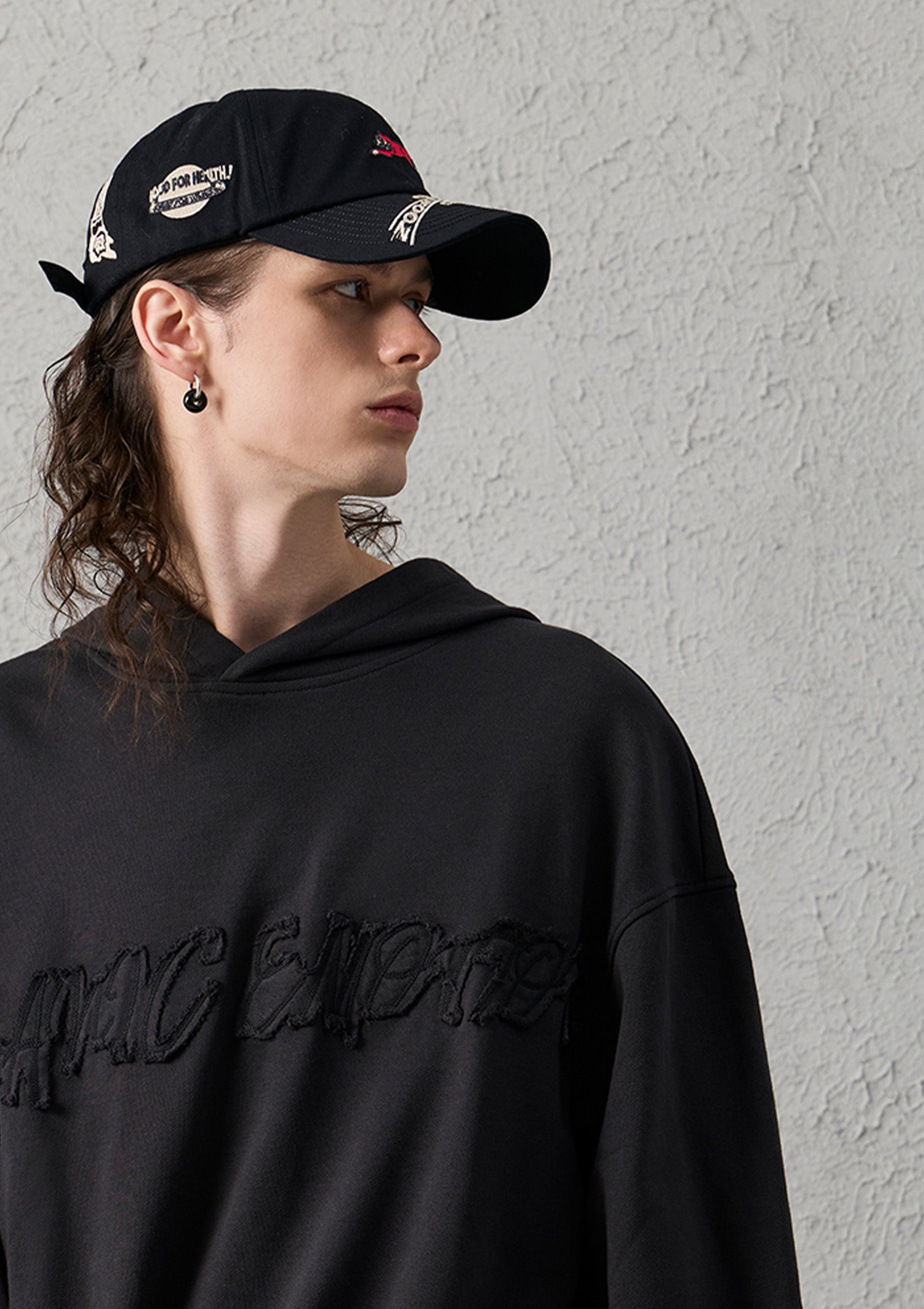 ORGANIC EMOTION Asymmetrical Hem LOGO Embroidered Hoodie, premium urban and streetwear designers apparel on PROJECTISR.com, ORGANIC EMOTION