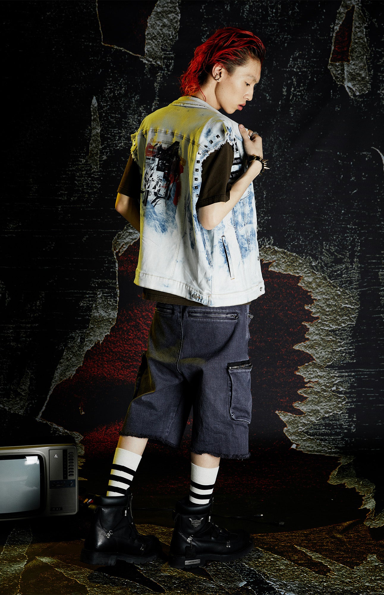 VENTUREK Washed Patch Studded Raw-Edge Shorts, premium urban and streetwear designers apparel on PROJECTISR.com, VENTUREK