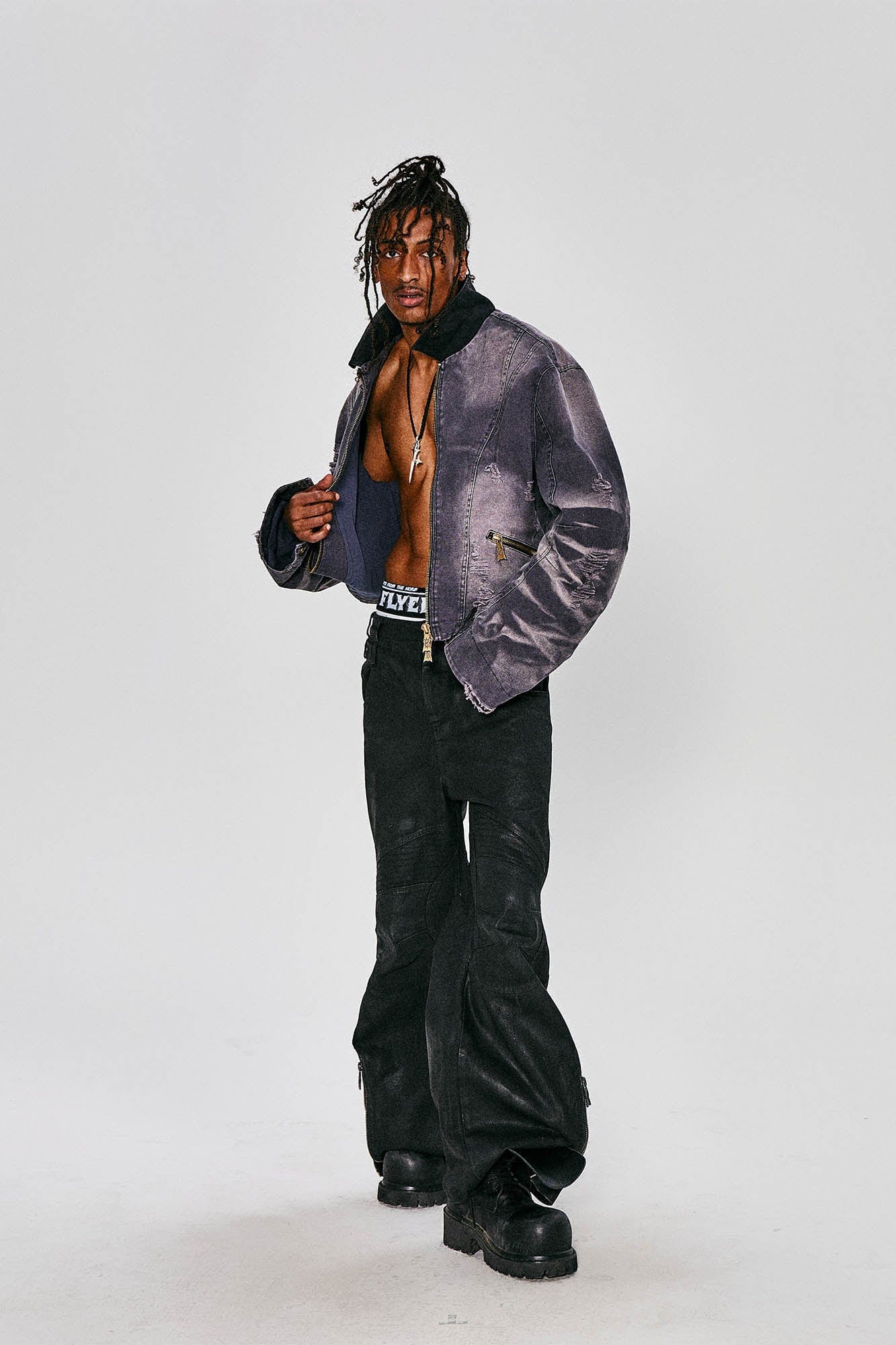 FLYERRER Distressed Curved Spliced Jacket Grey, premium urban and streetwear designers apparel on PROJECTISR.com, FLYERRER