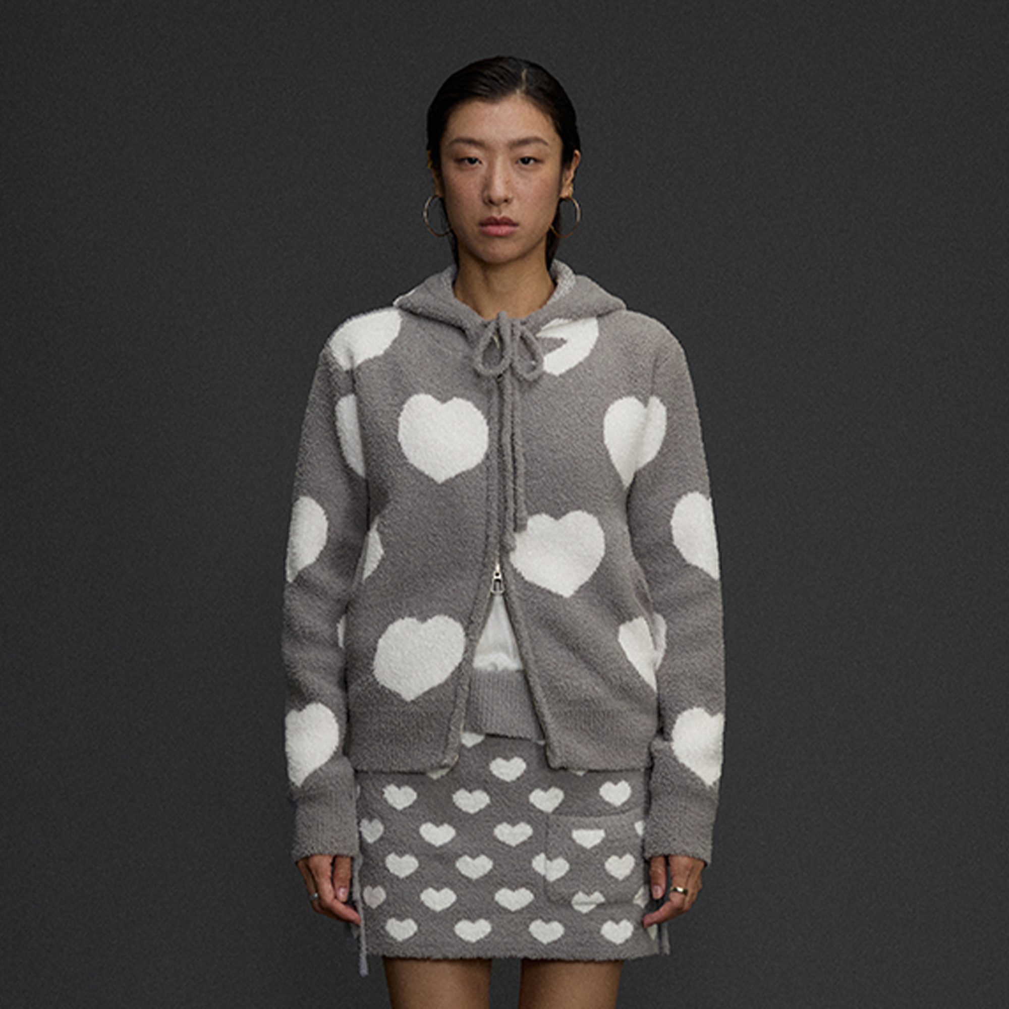 NIANJIUYIKOUER Fuzzy Heart Jacquard Zip-Up Hoodie Cardigan, premium urban and streetwear designers apparel on PROJECTISR.com, NIANJIUYIKOUER