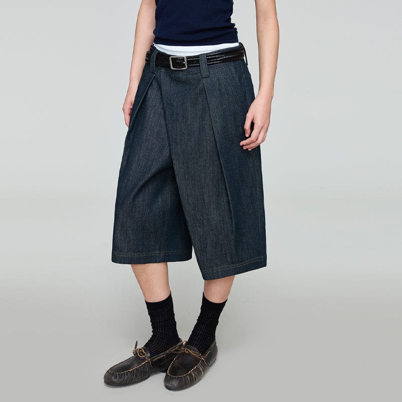 OPICLOTH Washed Asymmetric Fly Pleated Denim Shorts, premium urban and streetwear designers apparel on PROJECTISR.com, OPICLOTH