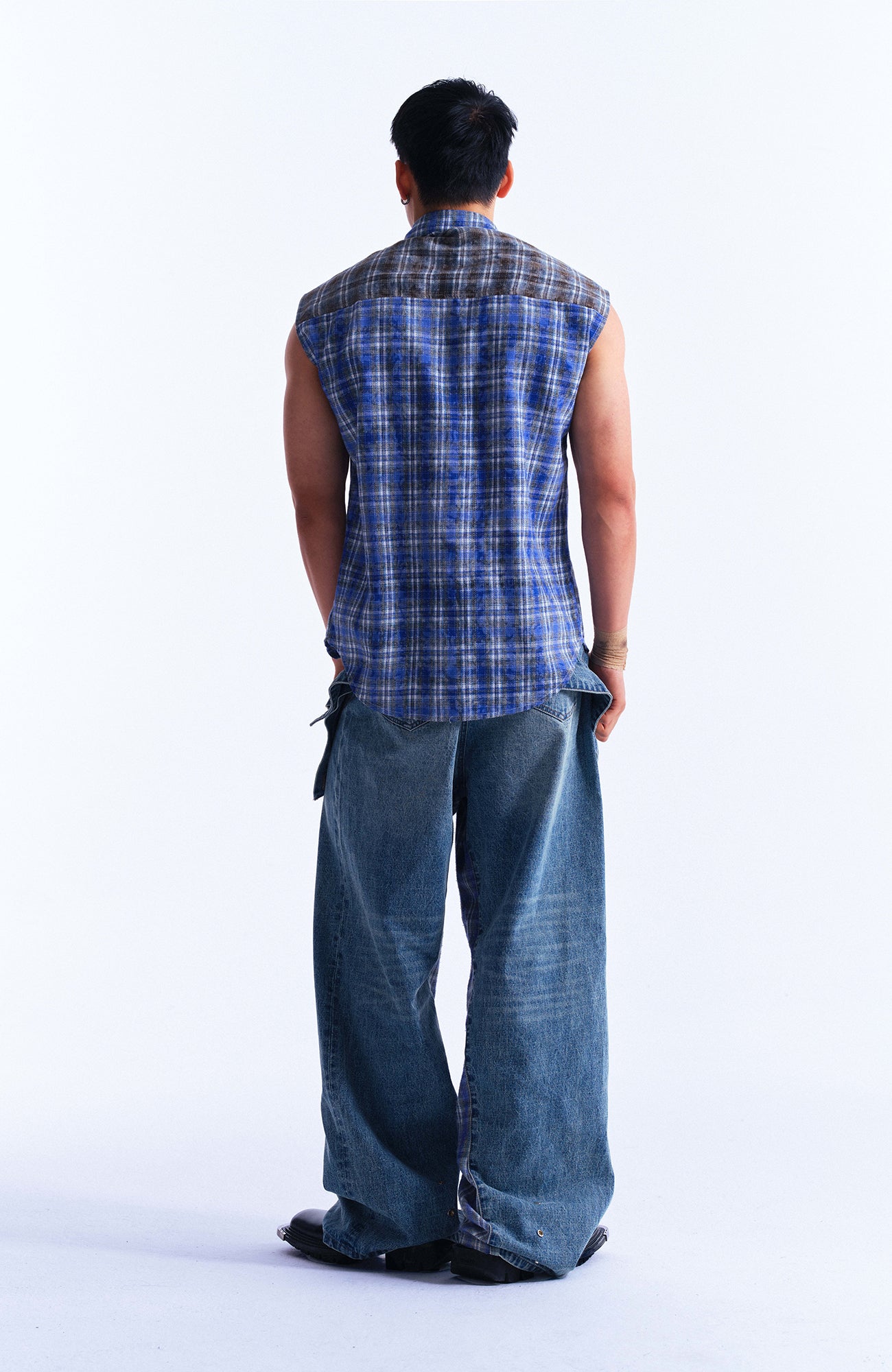 INTERRUPT Plaid Spliced Faux Two-Piece Wide-Leg Jeans