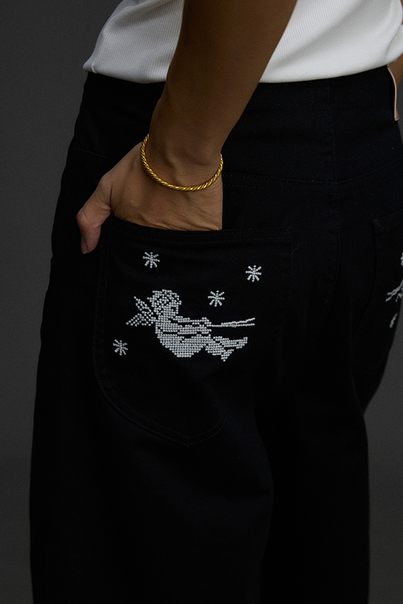 NIANJIUYIKOUER Embroidered Wide-Leg Twill Pants, premium urban and streetwear designers apparel on PROJECTISR.com, NIANJIUYIKOUER
